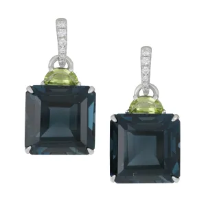 14k White Gold London Blue Topaz, Peridot and Diamond drop earrings, LBT= 23.20tw PER=0.60tw D=0.12tw GH/ SI supports Captain's for Clean Water