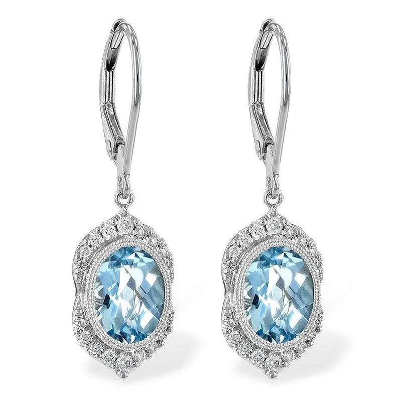 14K White Gold Oval Aquamarine And Diamond Halo Drop Earrings (2.43ctw)