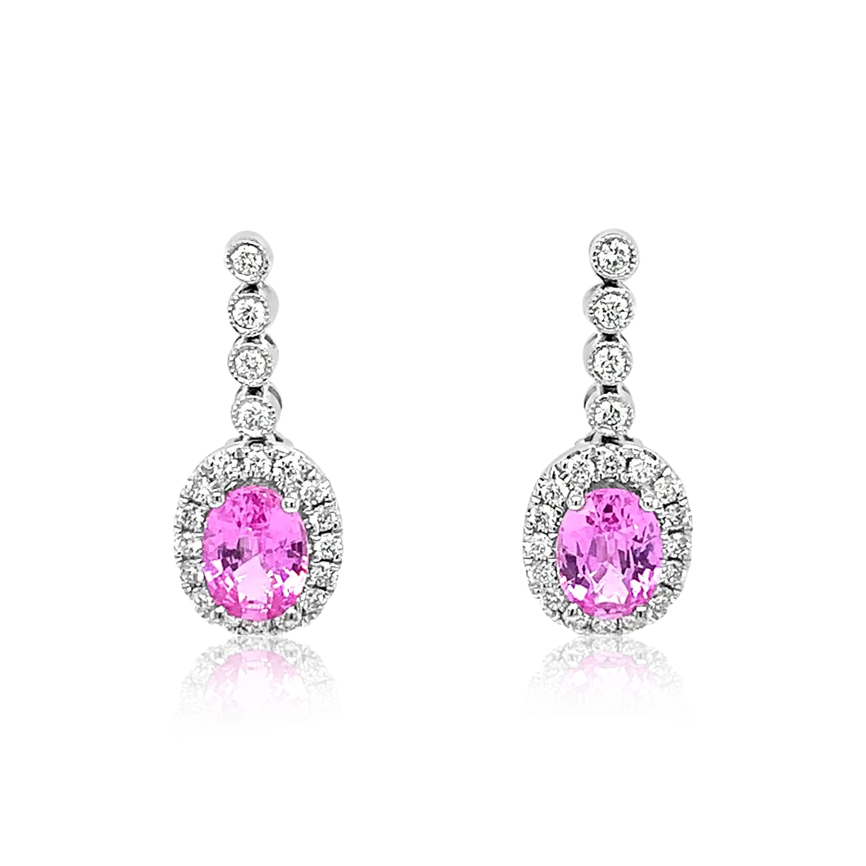 14K White Gold Oval Pink Sapphire And Diamond Halo Drop Earrings (2.41ctw)