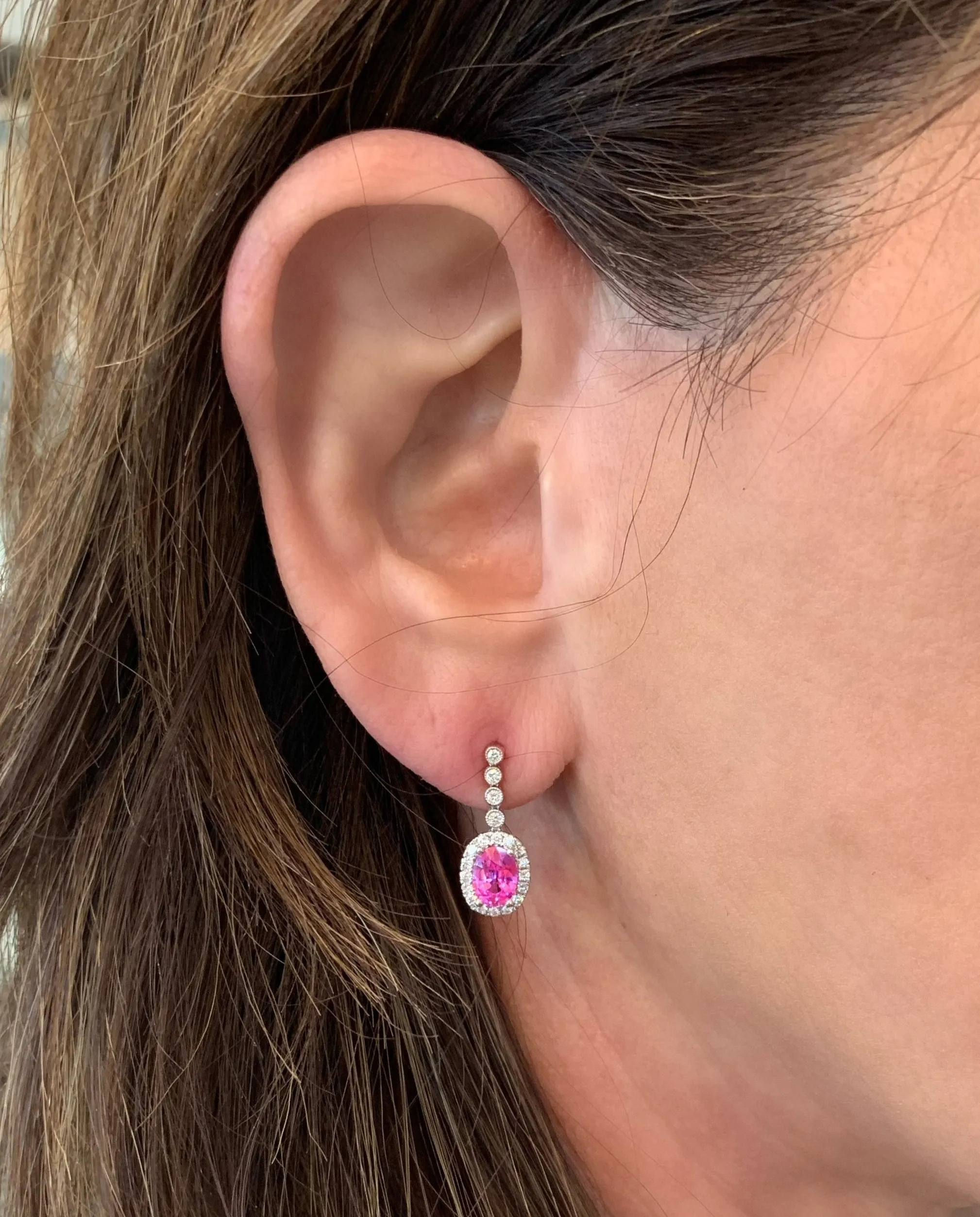14K White Gold Oval Pink Sapphire And Diamond Halo Drop Earrings (2.41ctw)