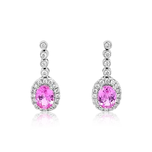14K White Gold Oval Pink Sapphire And Diamond Halo Drop Earrings (2.41ctw)
