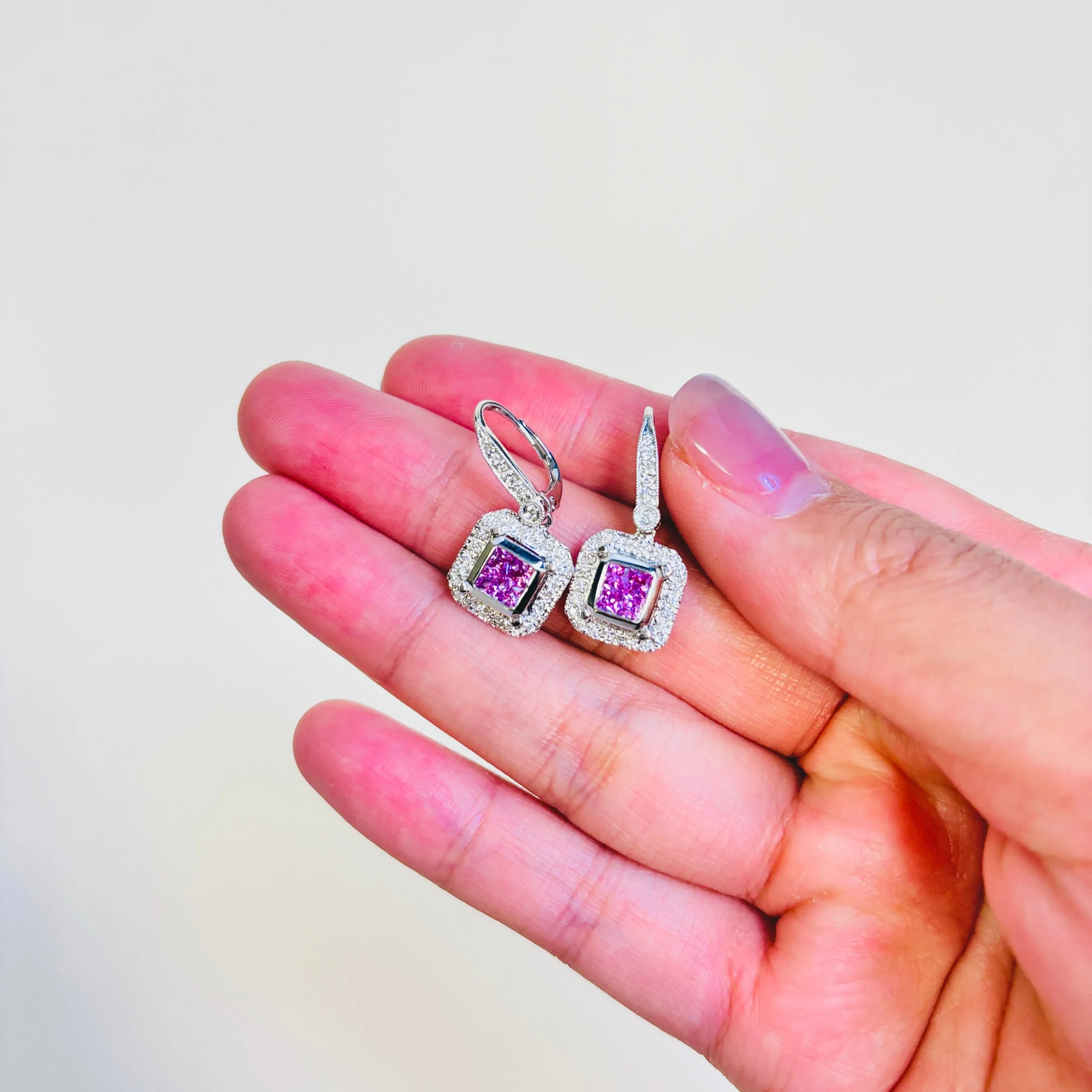 14K White Gold Pink Sapphire & Diamond Drop Earrings | 0.78ctw, 0.34ctw |