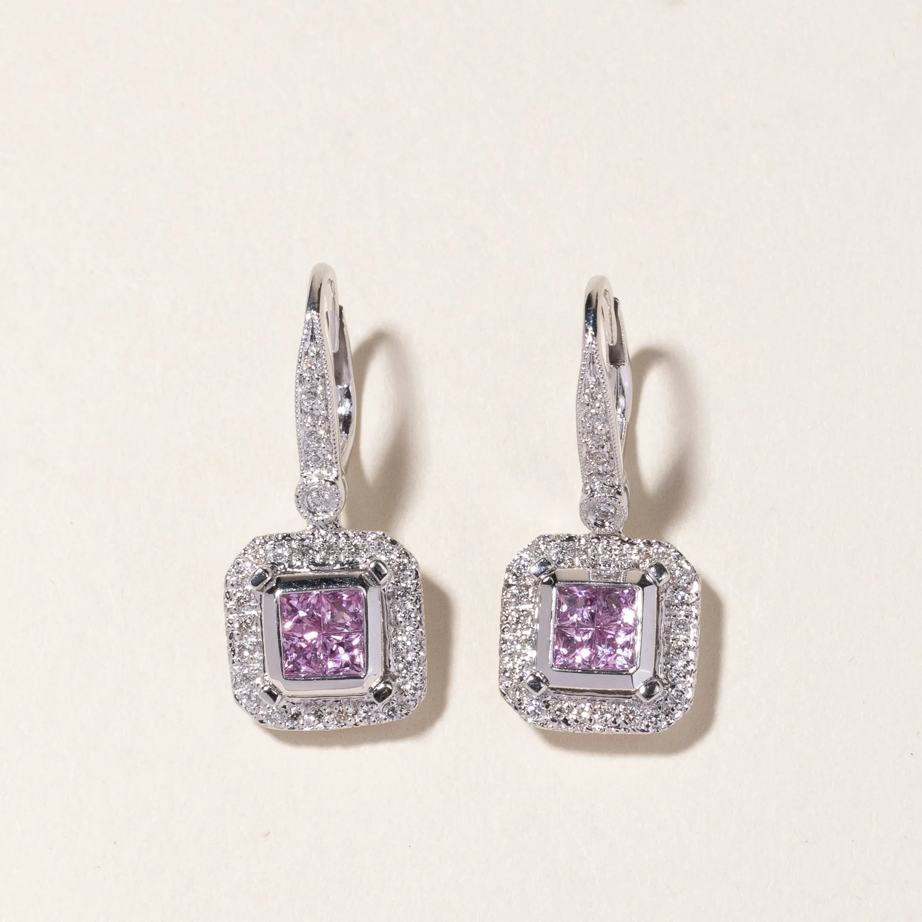 14K White Gold Pink Sapphire & Diamond Drop Earrings | 0.78ctw, 0.34ctw |
