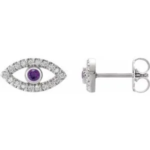 14K White Natural Amethyst & Natural White Sapphire Evil Eye Earrings