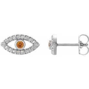 14K White Natural Citrine & Natural White Sapphire Semi-Set Evil Eye Earrings