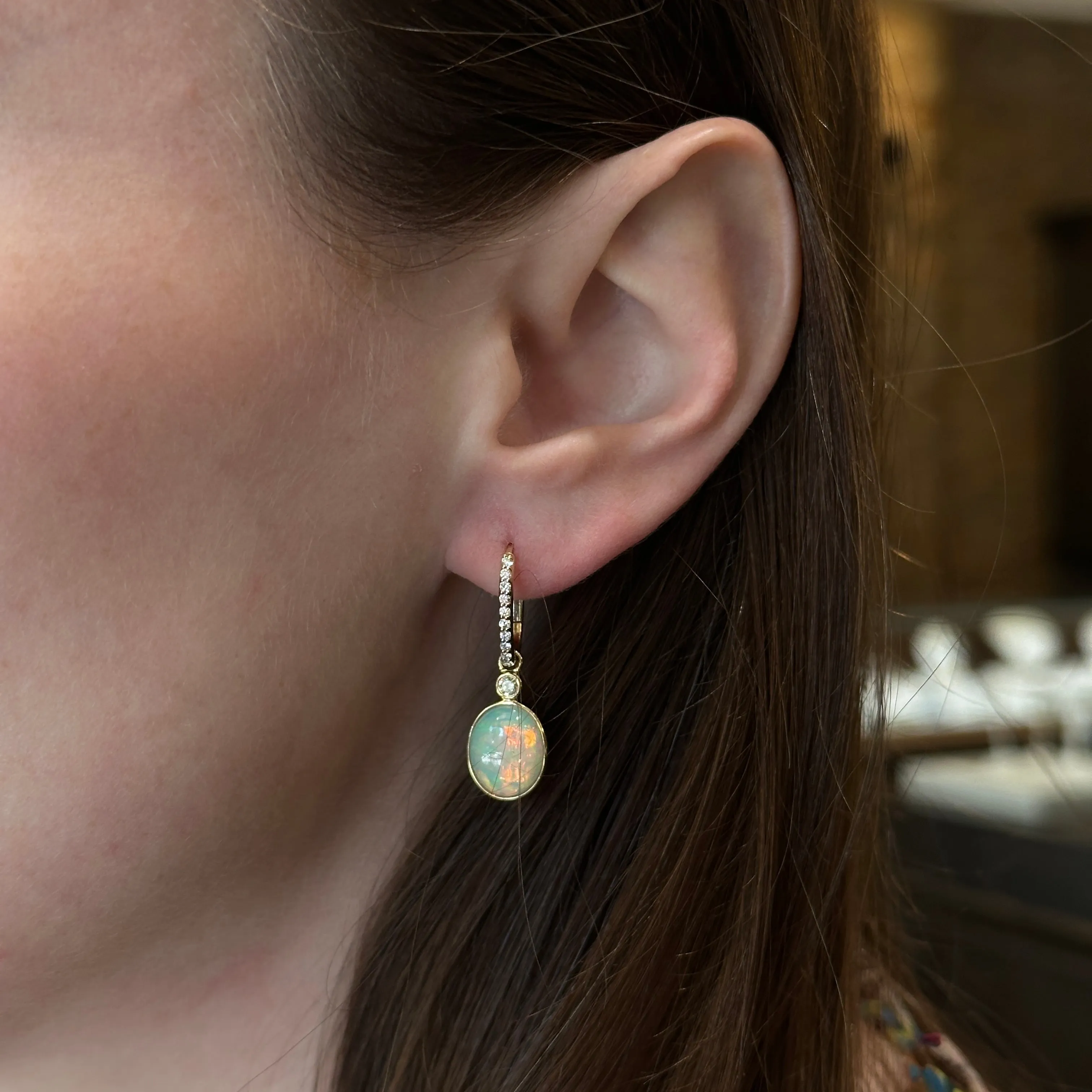 14K Yellow Gold 2.77 CTW Opal and Diamond Dangle Earrings