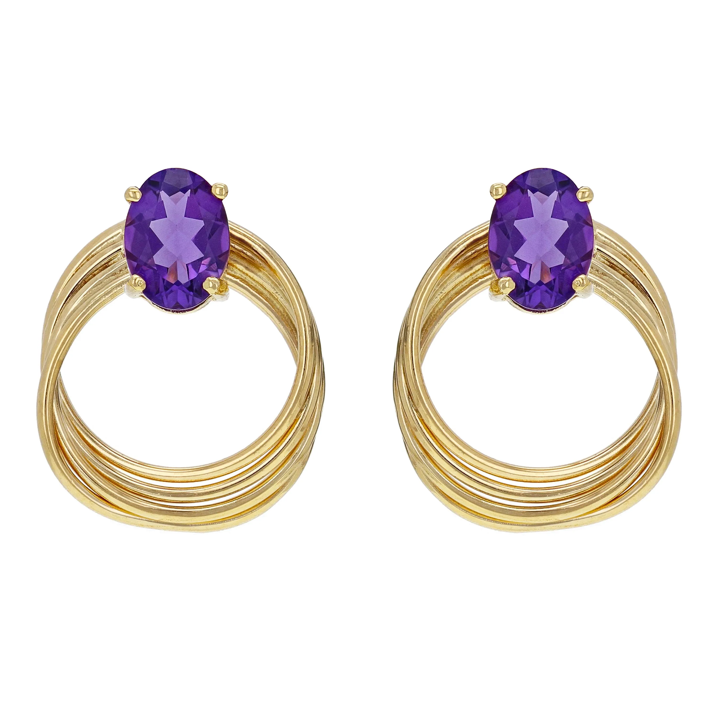 14k Yellow Gold Amethyst 4-Ring Entwined Circle Doorknocker Drop Earrings