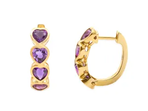 14k Yellow Gold Heart Amethyst Huggie Earrings