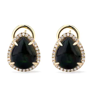 14K Yellow Gold Kimmie Black Opal Earrings with Diamond Halo Setting