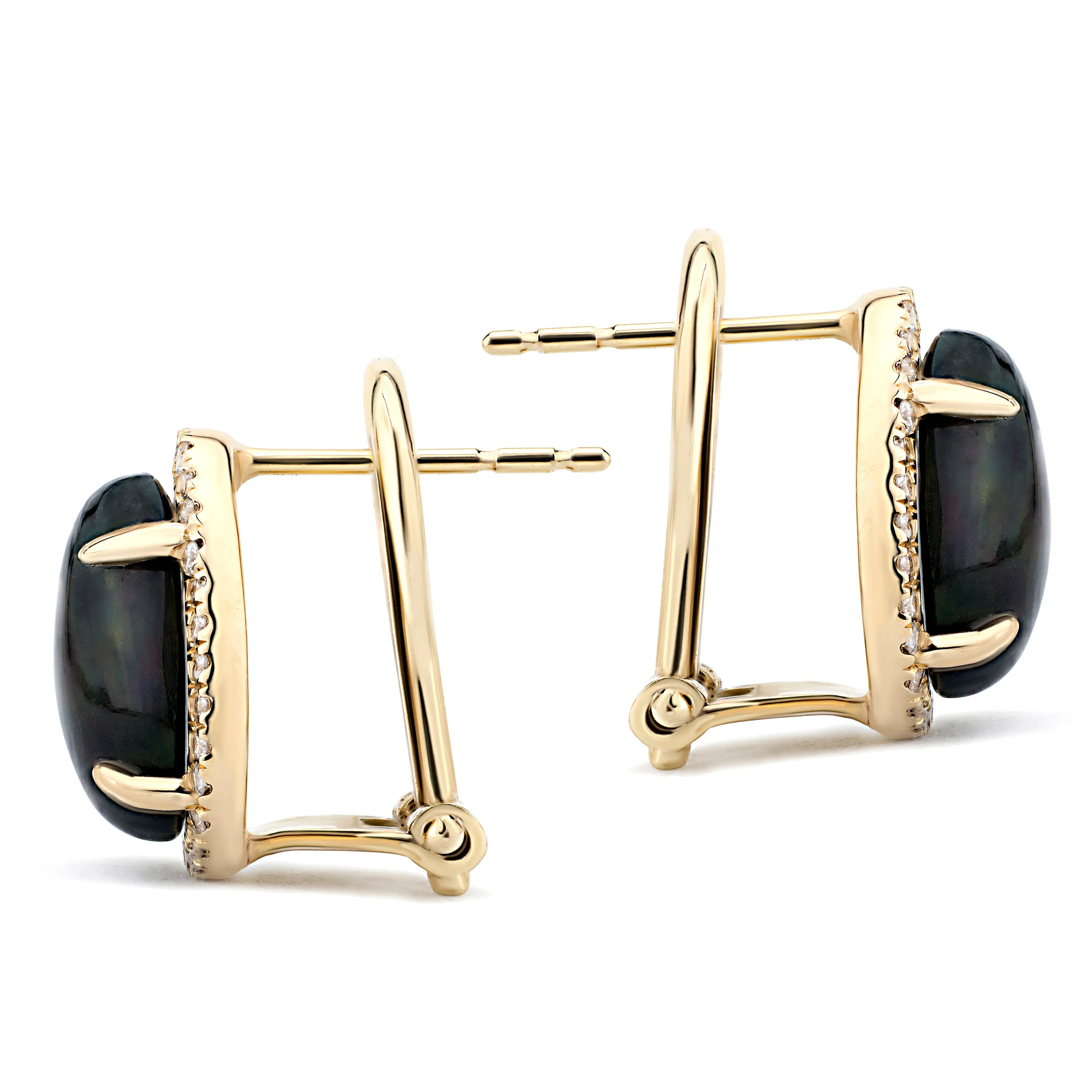 14K Yellow Gold Kimmie Black Opal Earrings with Diamond Halo Setting