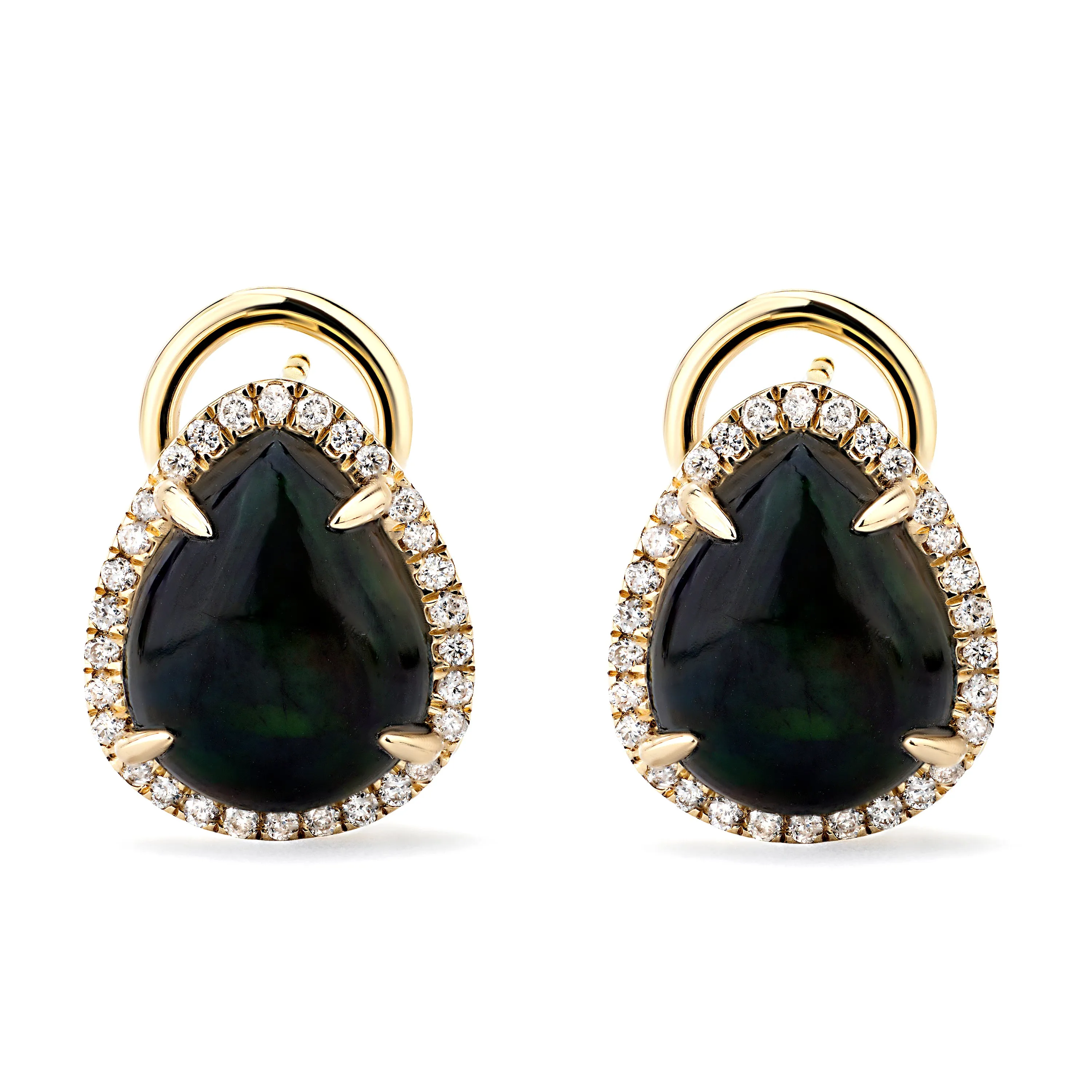 14K Yellow Gold Kimmie Black Opal Earrings with Diamond Halo Setting