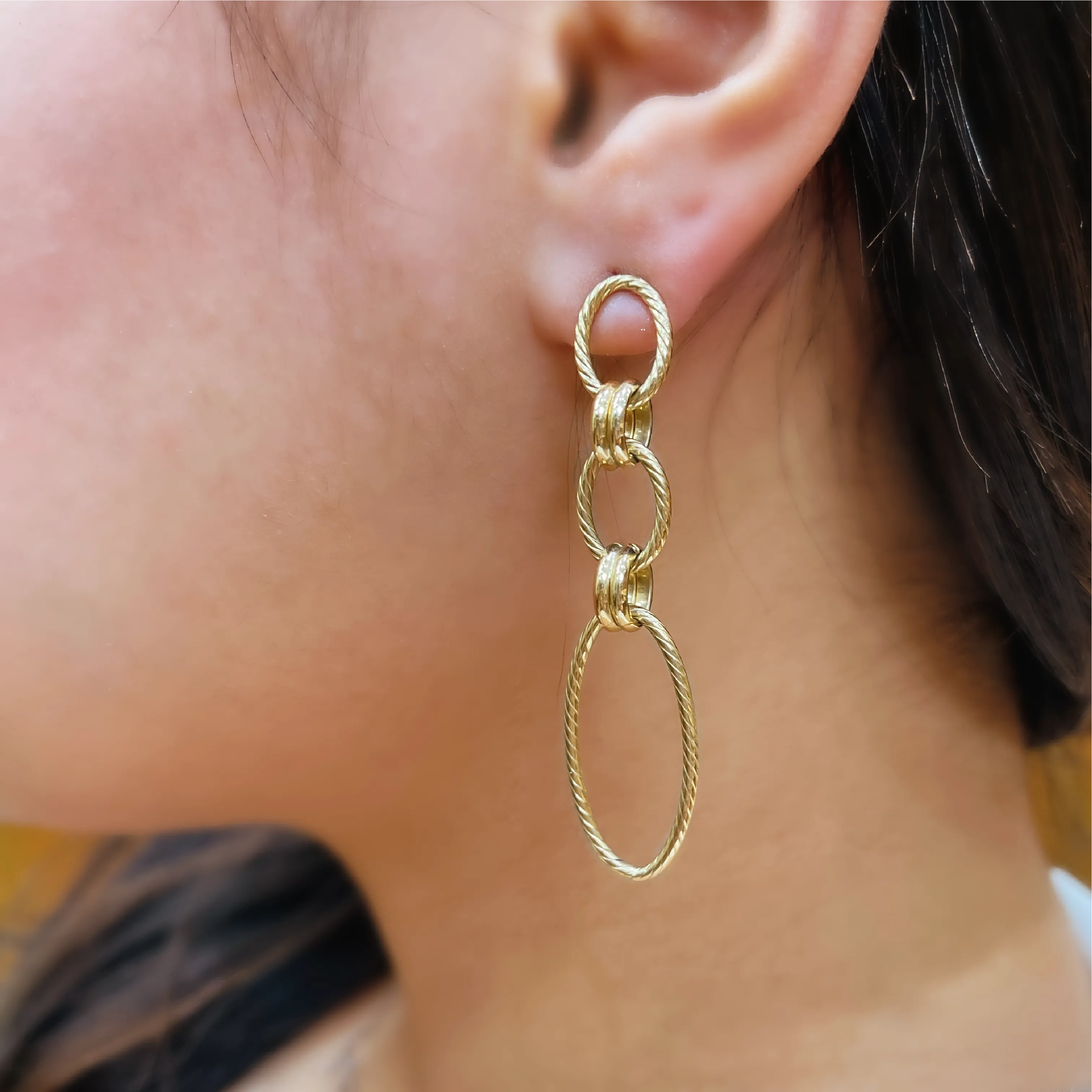 14K Yellow Gold Oval Textured Drop Earrings