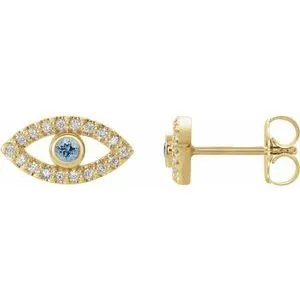 14K Yellow Natural Aquamarine & Natural White Sapphire Evil Eye Earrings