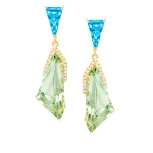 14K Yellow Prasiolite, Blue Topaz and Natural Diamond Dangle Earrings