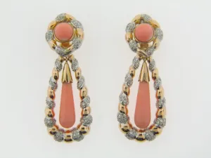 14K-YG WG PINK CORAL AND DIAMOND EARRINGS