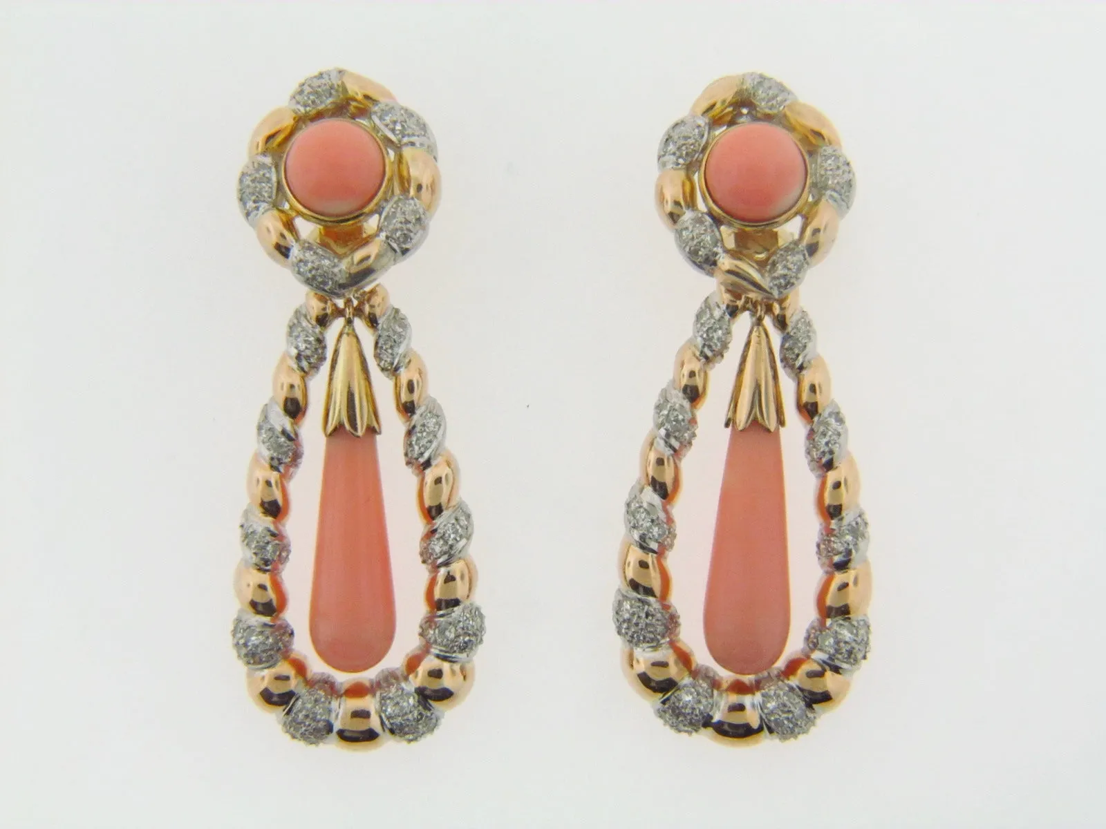 14K-YG WG PINK CORAL AND DIAMOND EARRINGS