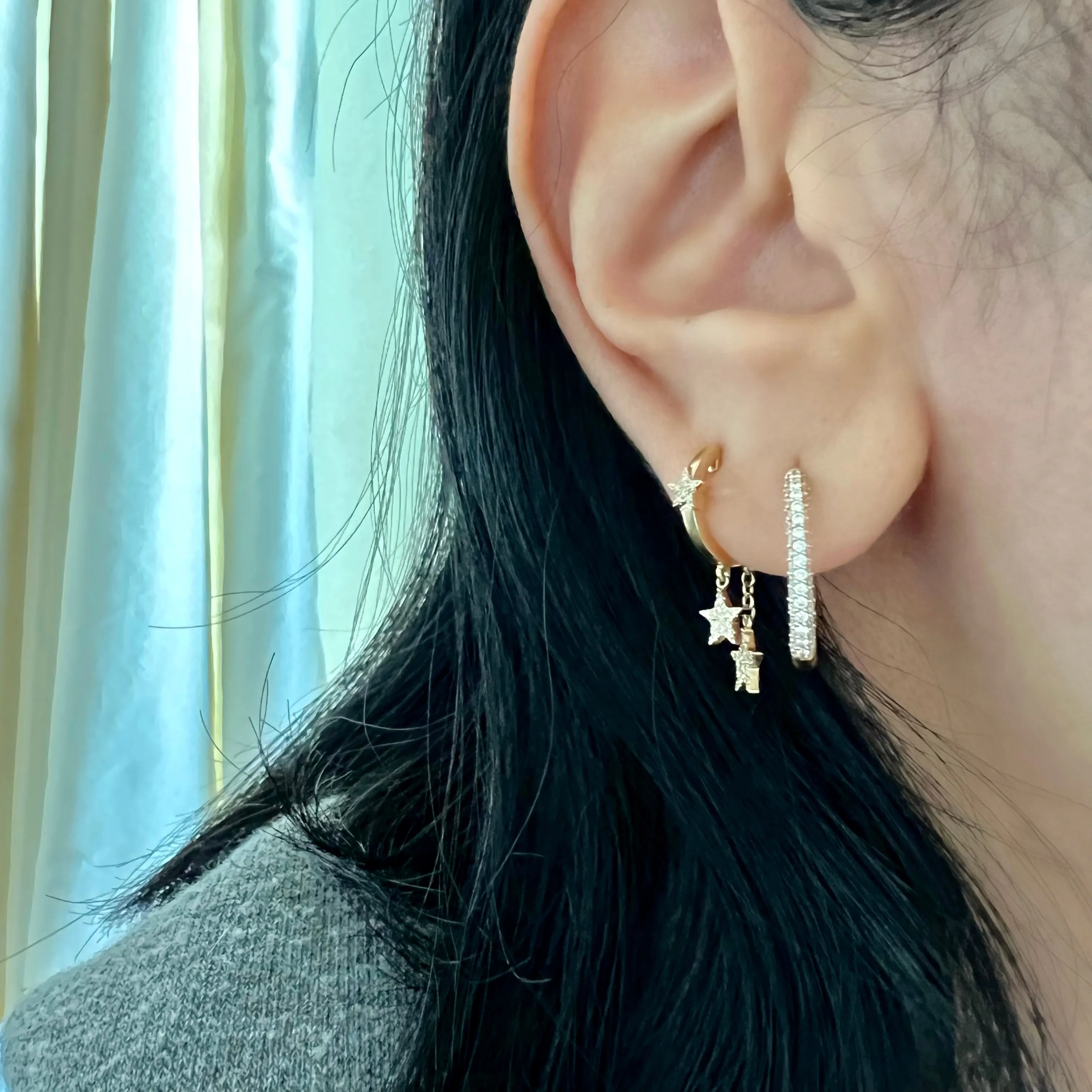 14KT Gold Diamond Star Drop Huggie Earrings
