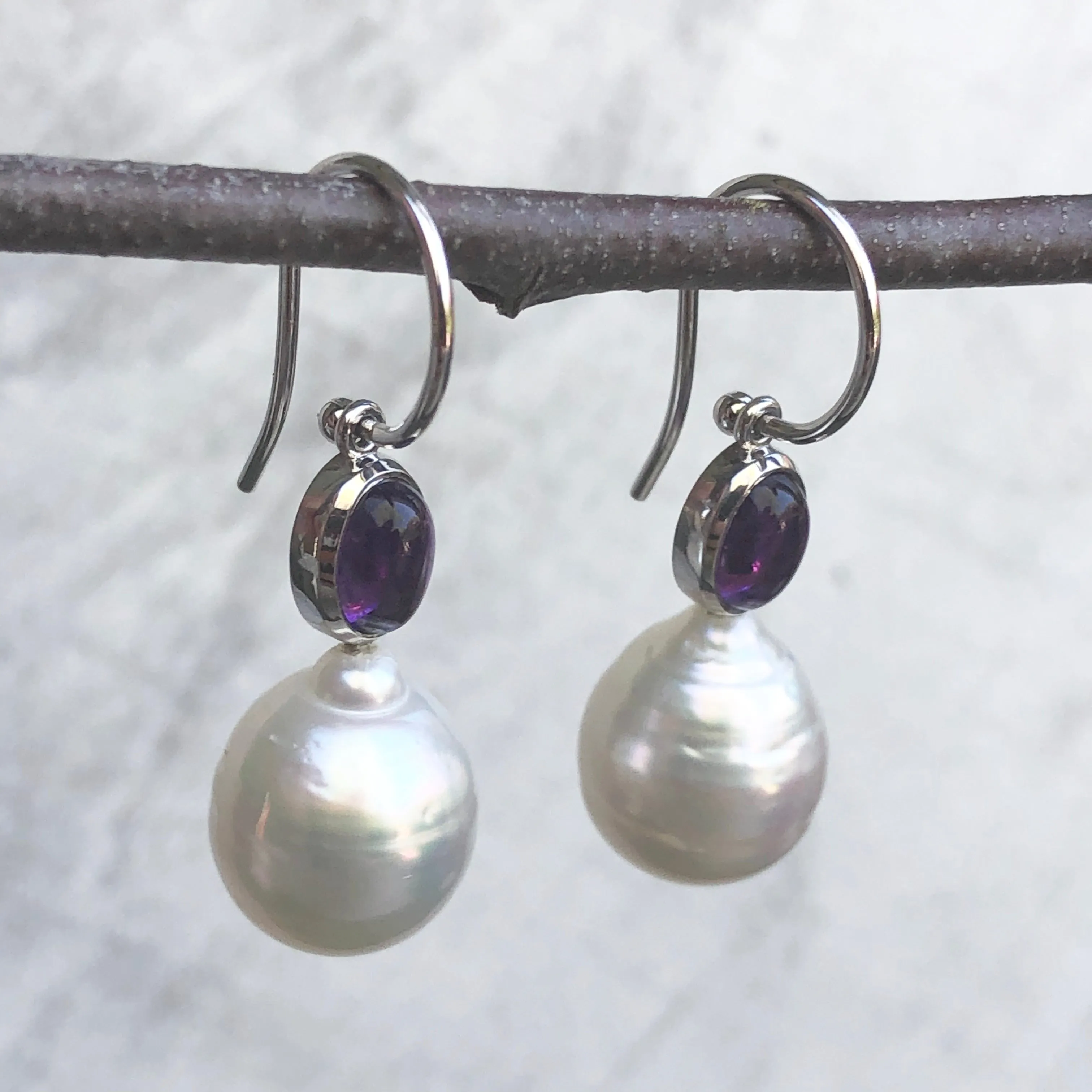 14KT White Gold Amethyst   11mm Paspaley South Sea Pearl Hook Earrings