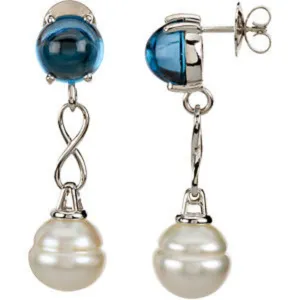 14KT White Gold Blue Topaz   12mm Paspaley Pearl Infinity Earrings