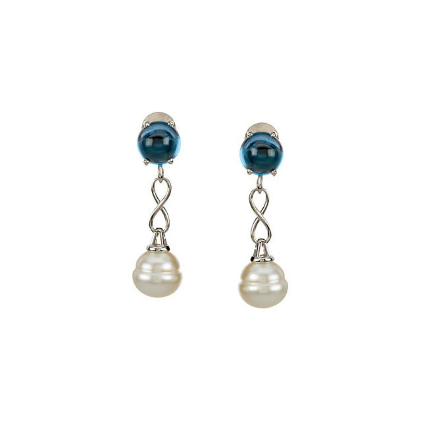14KT White Gold Blue Topaz   12mm Paspaley Pearl Infinity Earrings