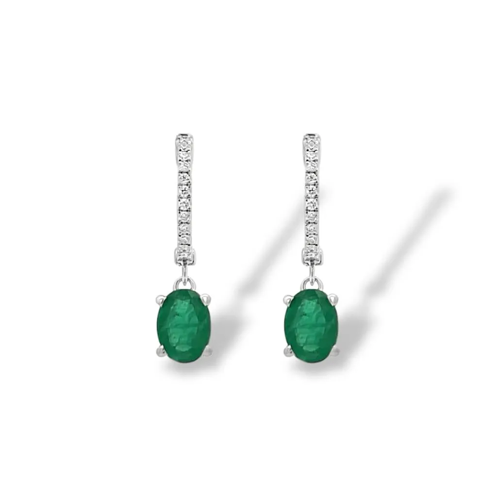 14kt White Gold Emerald and Diamond Huggie Dangle Earrings