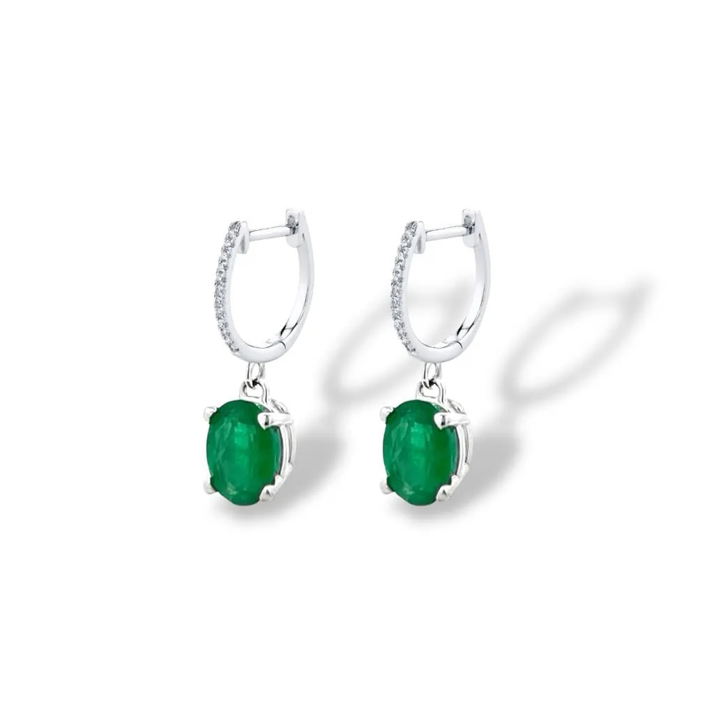 14kt White Gold Emerald and Diamond Huggie Dangle Earrings