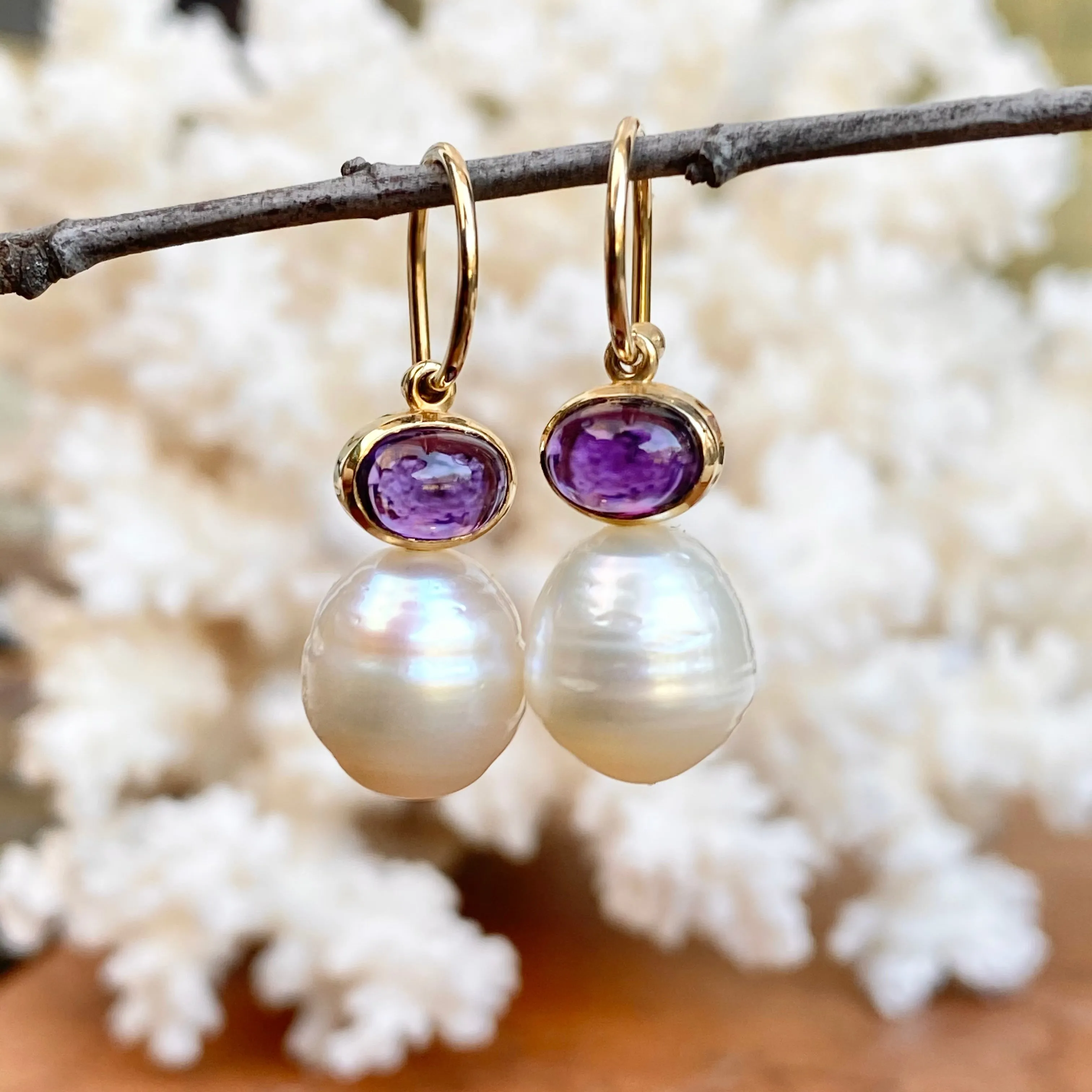 14KT Yellow Gold Amethyst   10mm Paspaley South Sea Pearl Shepherd Hook Earrings
