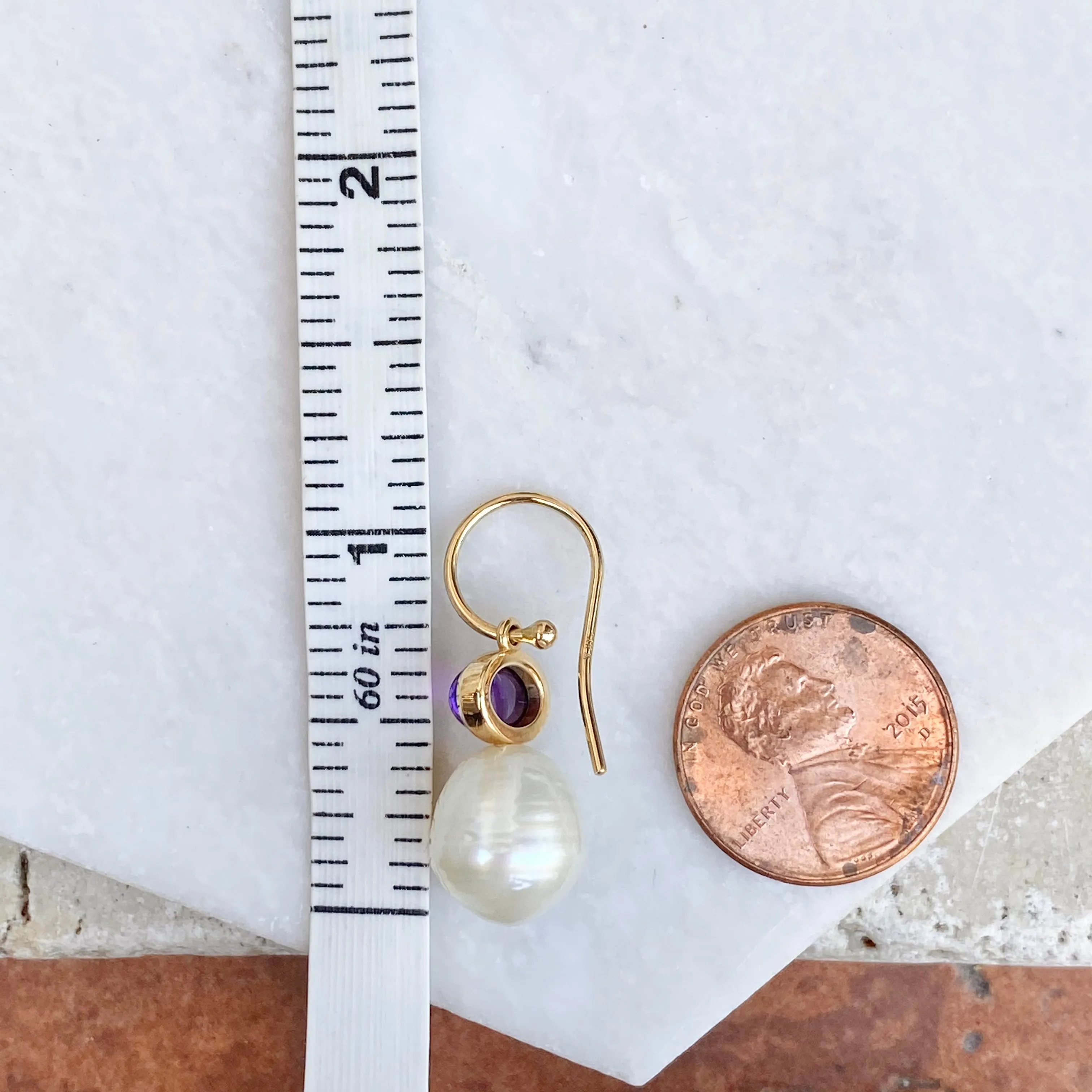 14KT Yellow Gold Amethyst   10mm Paspaley South Sea Pearl Shepherd Hook Earrings