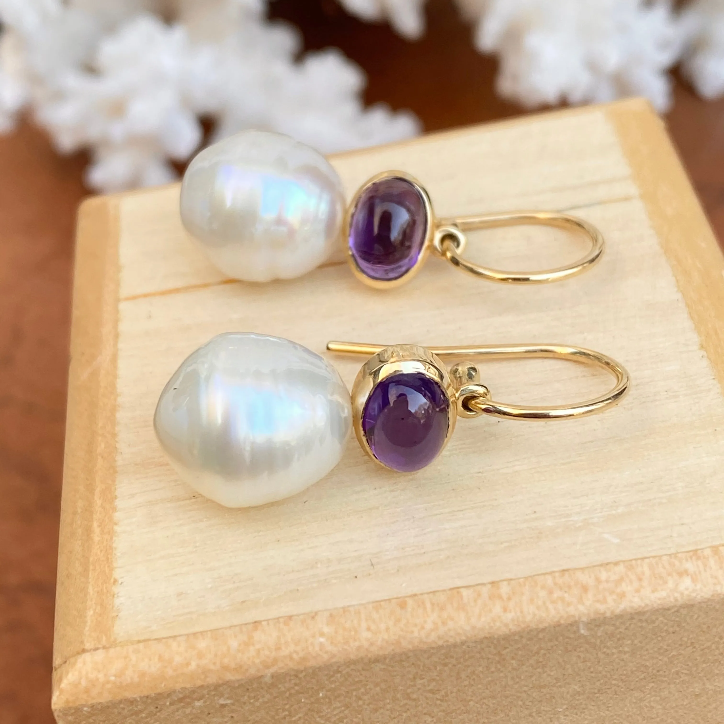 14KT Yellow Gold Amethyst   10mm Paspaley South Sea Pearl Shepherd Hook Earrings