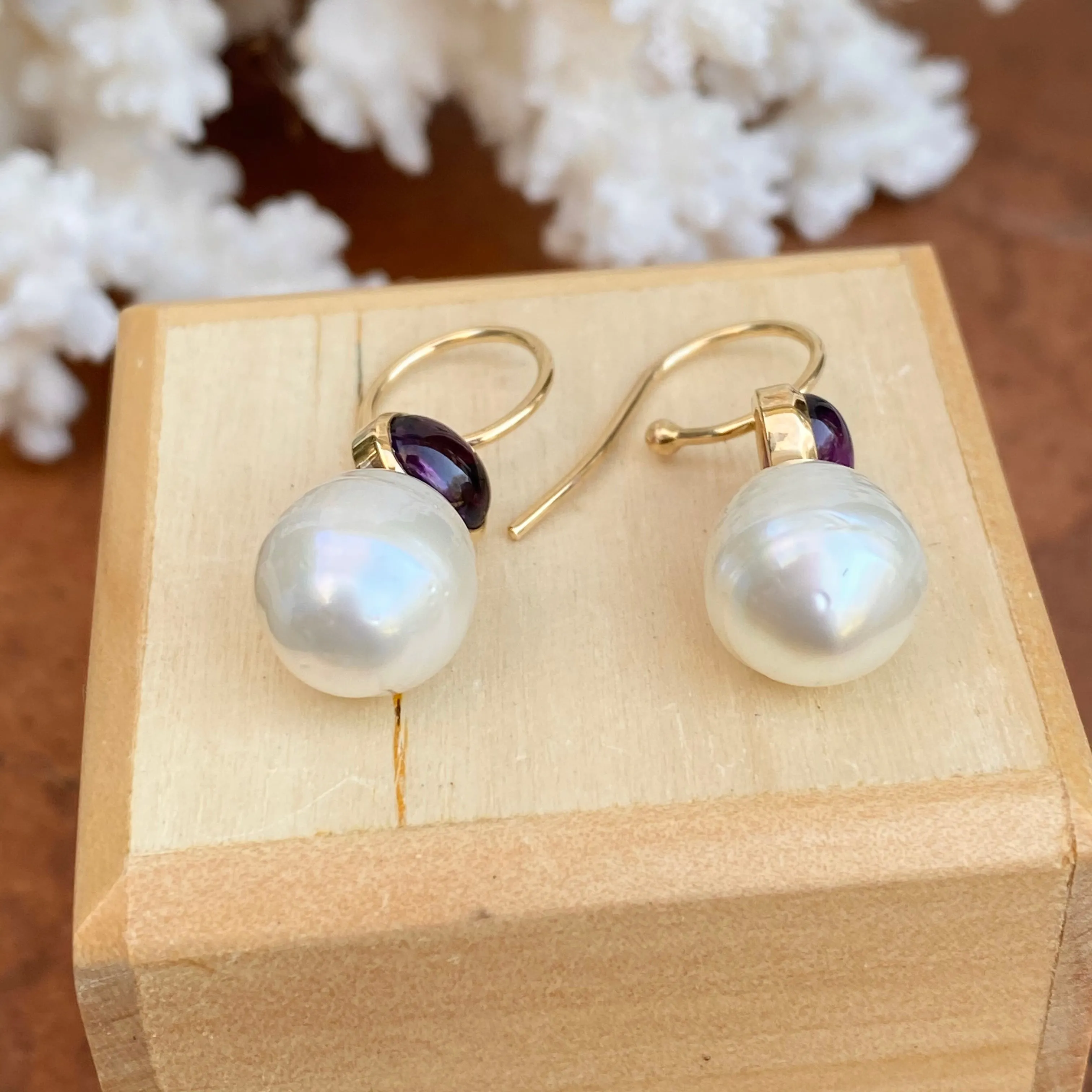 14KT Yellow Gold Amethyst   10mm Paspaley South Sea Pearl Shepherd Hook Earrings