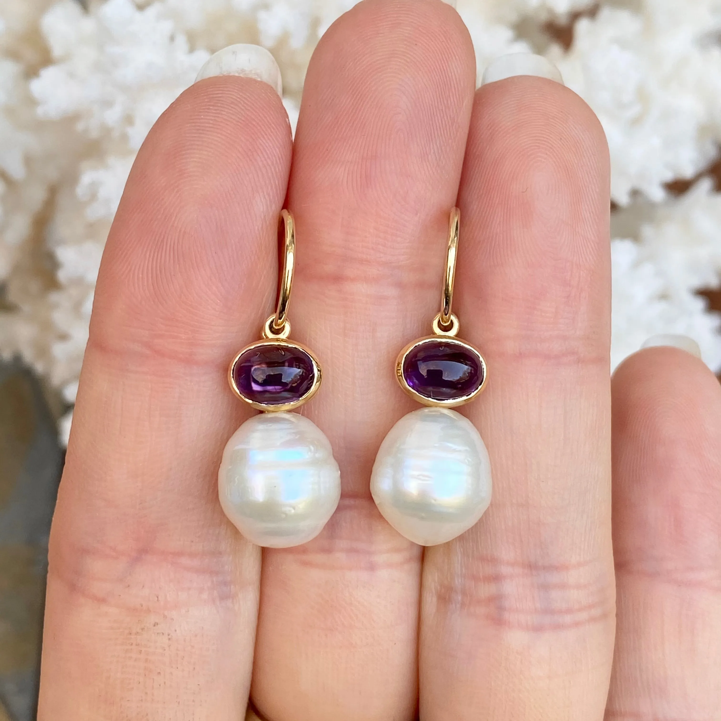 14KT Yellow Gold Amethyst   10mm Paspaley South Sea Pearl Shepherd Hook Earrings