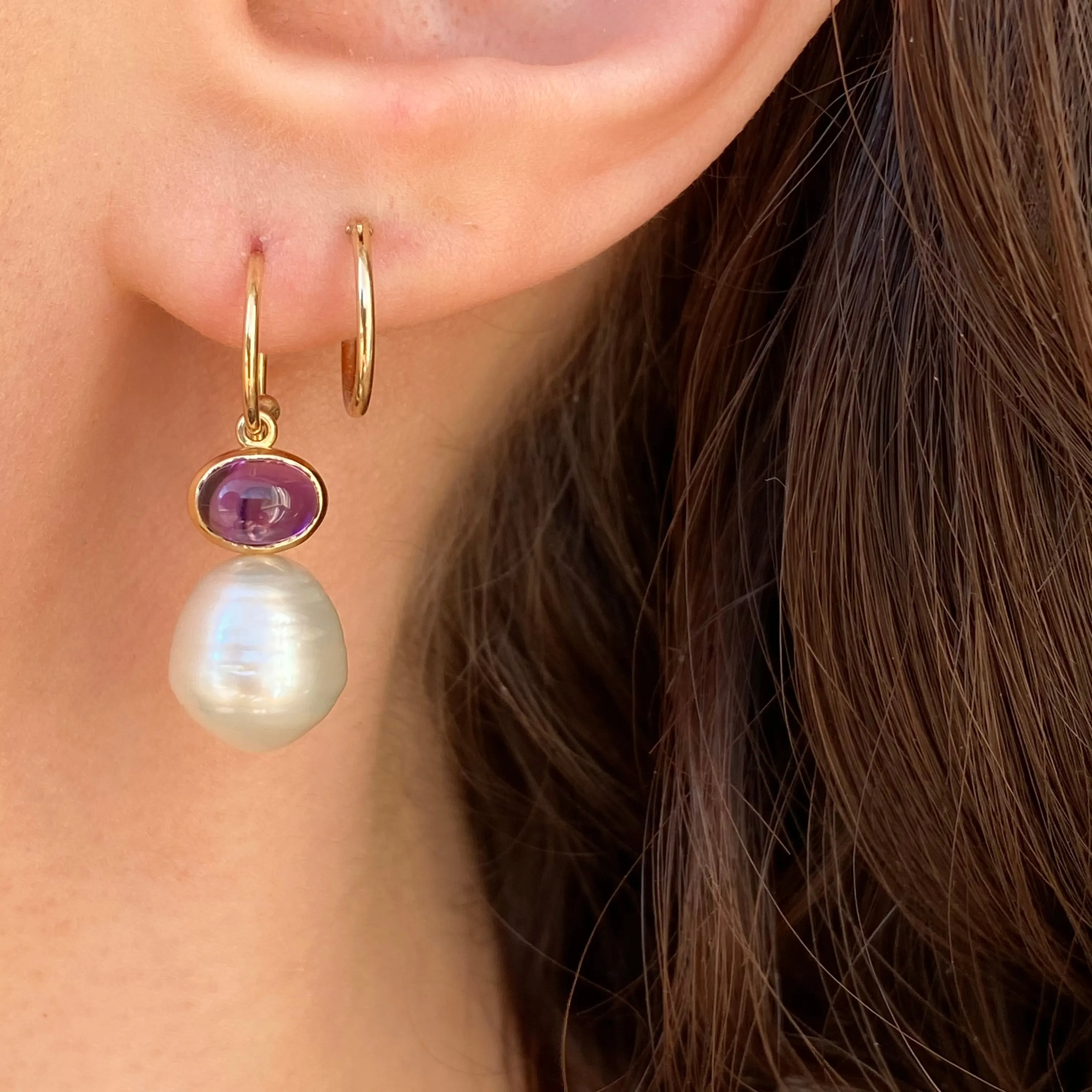 14KT Yellow Gold Amethyst   10mm Paspaley South Sea Pearl Shepherd Hook Earrings