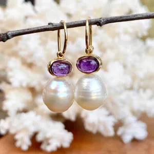 14KT Yellow Gold Amethyst   10mm Paspaley South Sea Pearl Shepherd Hook Earrings