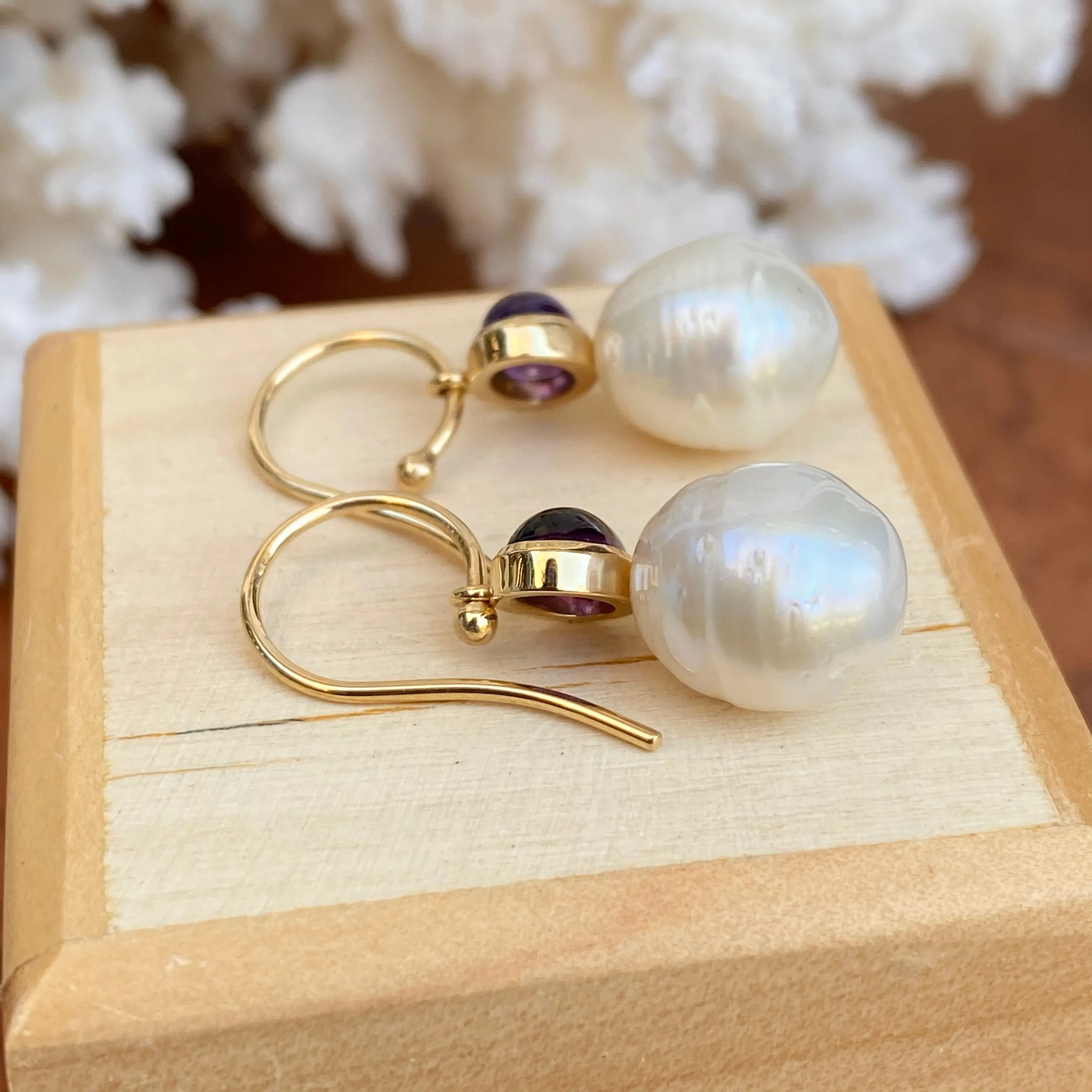 14KT Yellow Gold Amethyst   10mm Paspaley South Sea Pearl Shepherd Hook Earrings