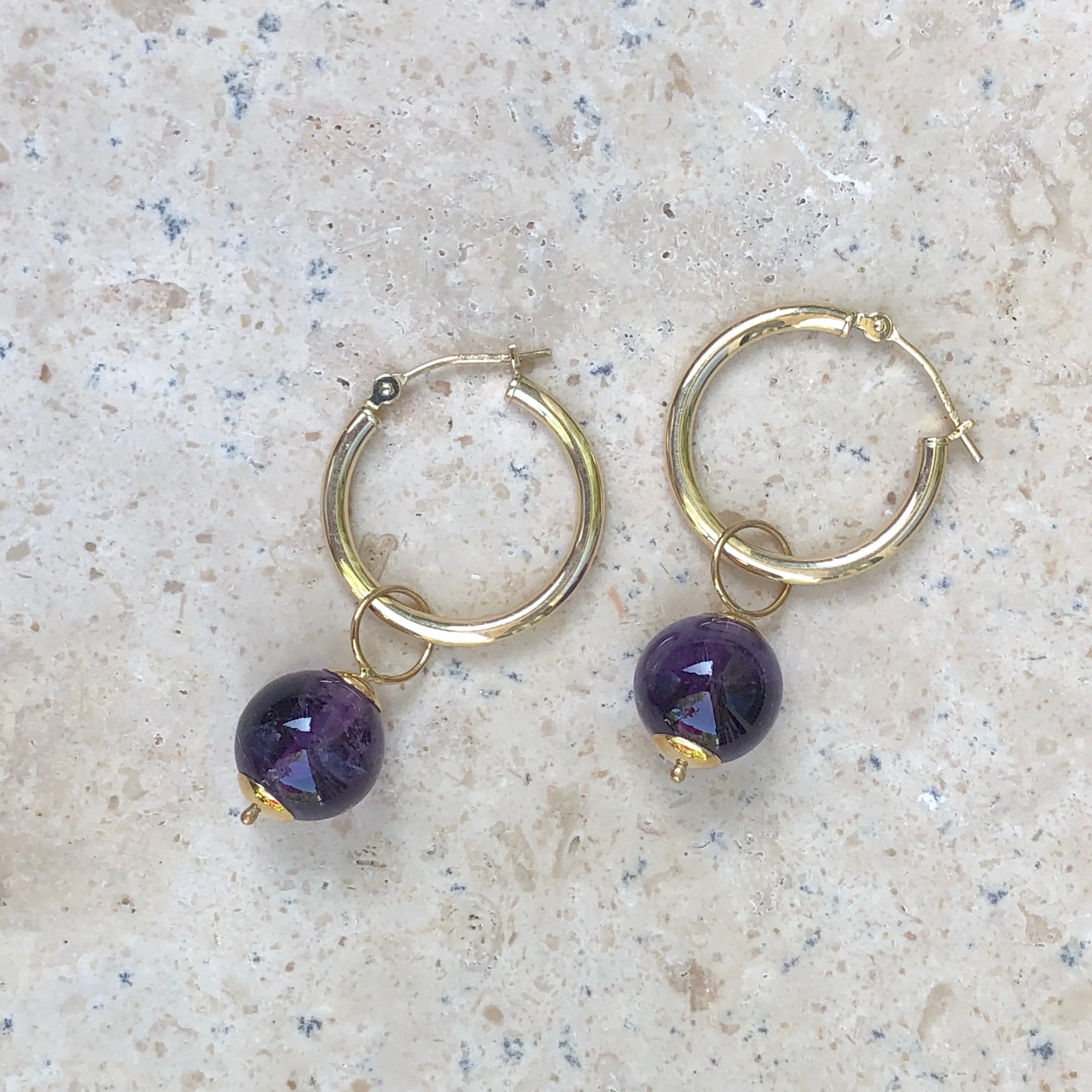 14KT Yellow Gold   Amethyst Ball Earring Charms 10mm