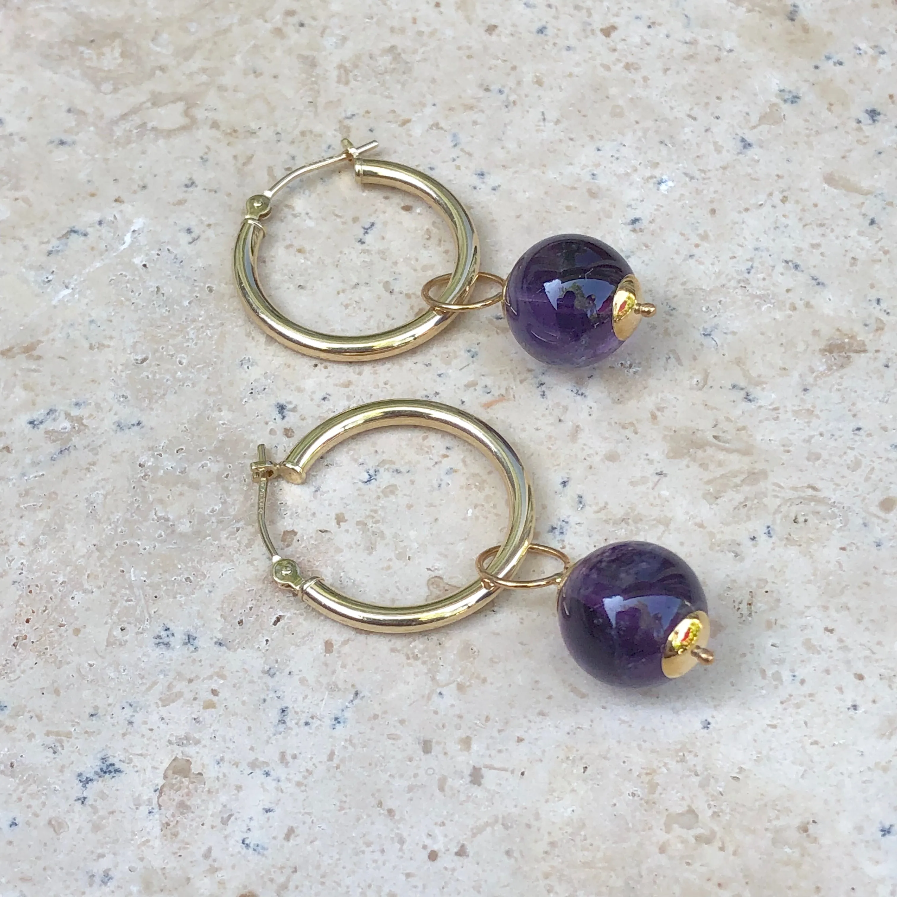 14KT Yellow Gold   Amethyst Ball Earring Charms 10mm