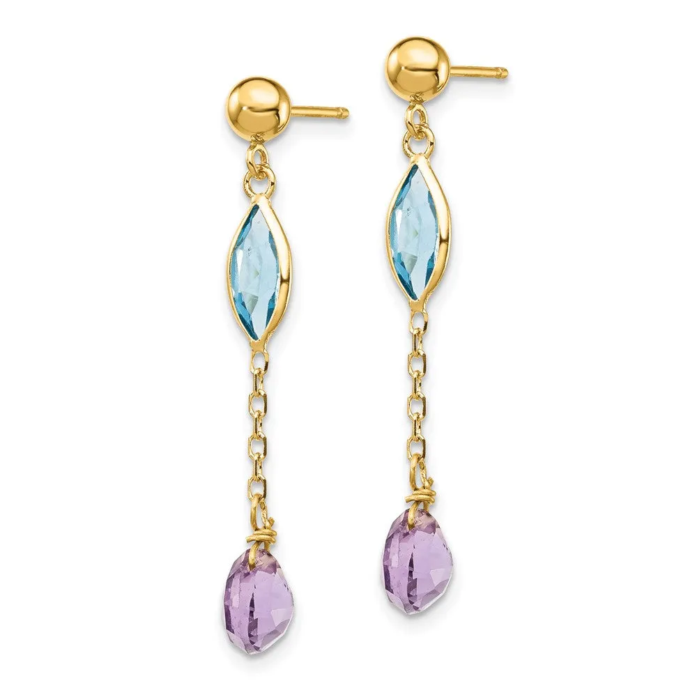 14KT Yellow Gold Blue Topaz and Amethyst Earrings