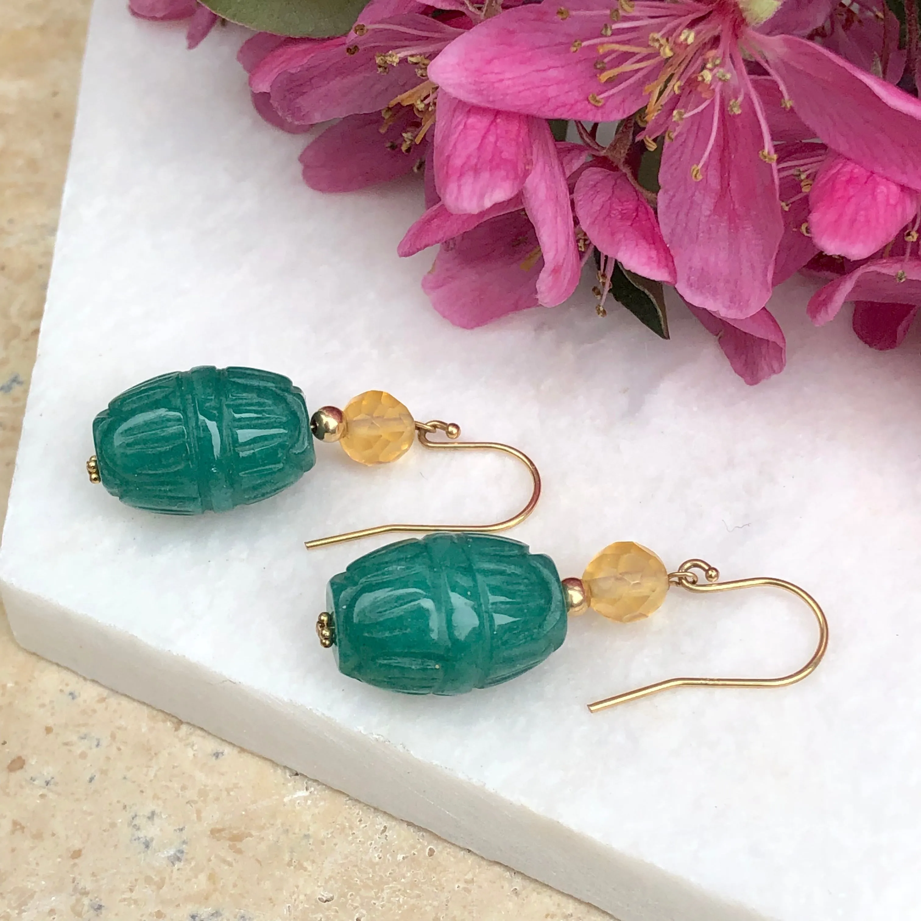 14KT Yellow Gold Carved Green Jade Scarab Drop Earrings