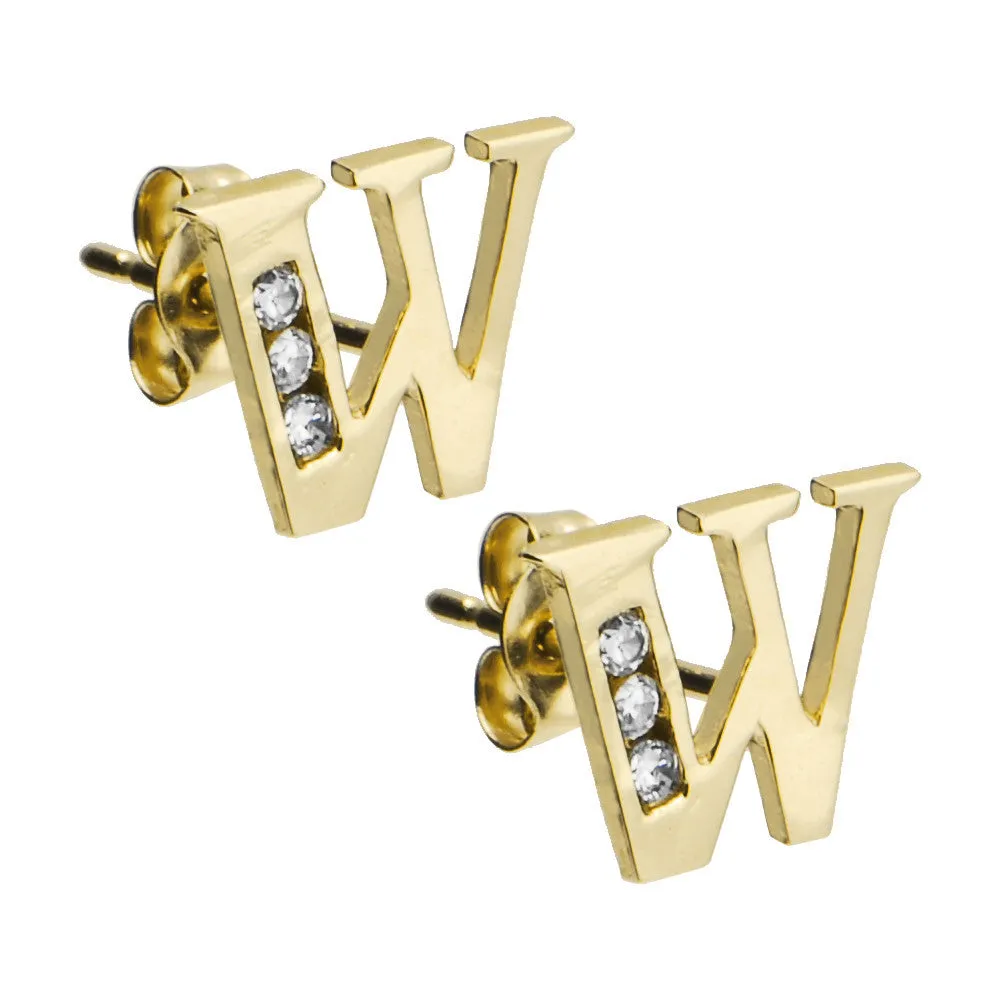14kt Yellow Gold CZ Initial W Stud Earrings