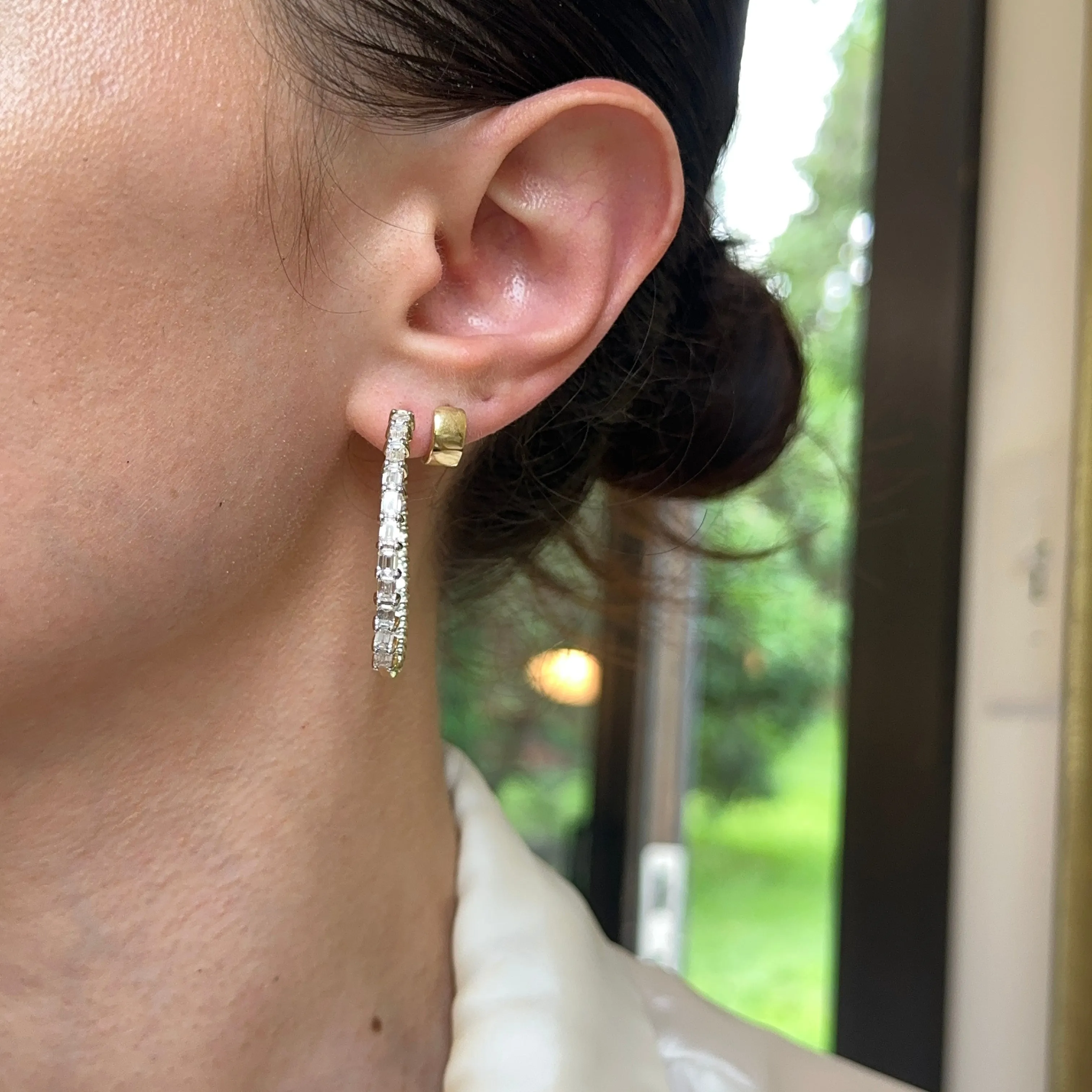 14KT Yellow Gold Shiny 5 CT Lab Emerald-Cut   Round Diamond Prong Set Inside   Outside Hoop Earrings