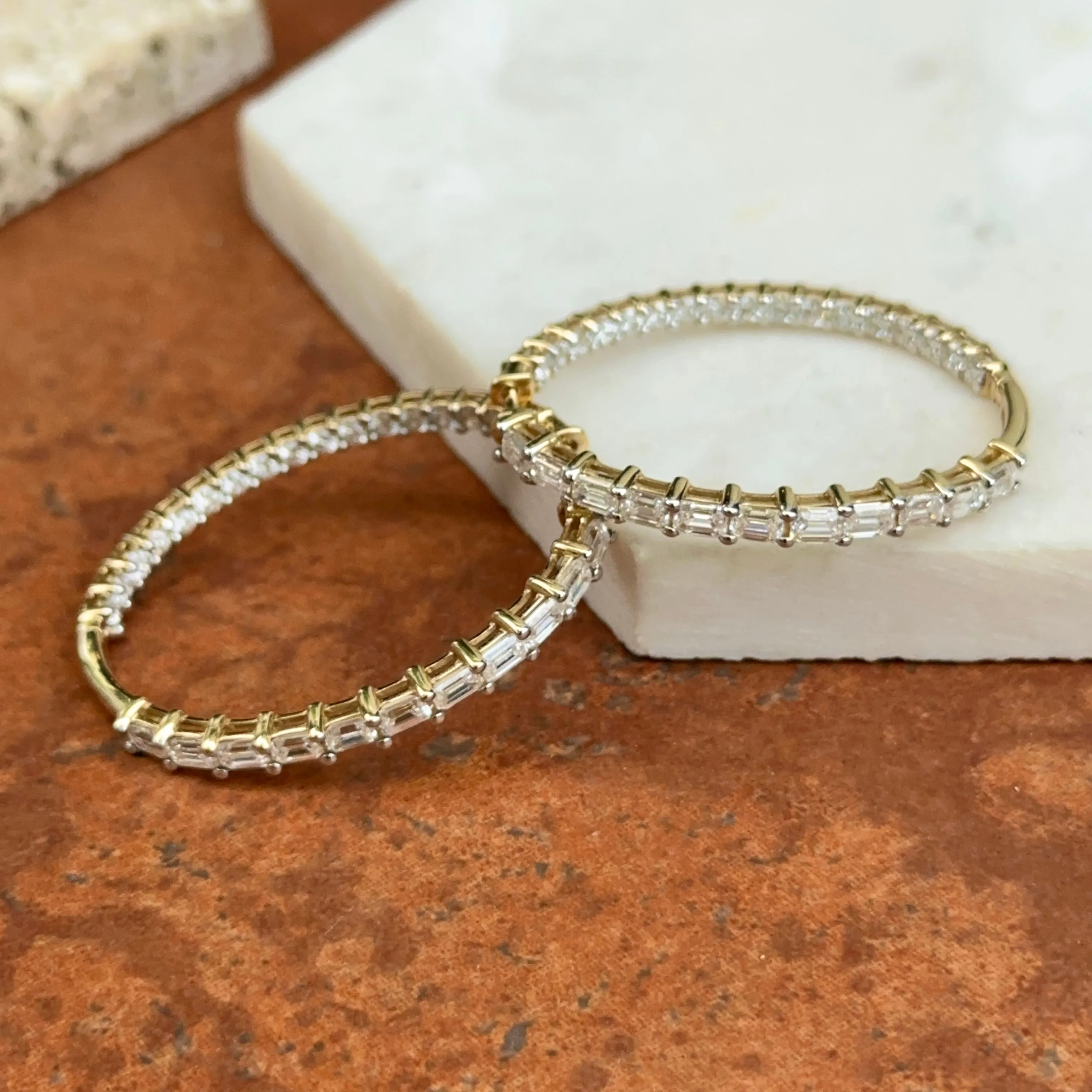 14KT Yellow Gold Shiny 5 CT Lab Emerald-Cut   Round Diamond Prong Set Inside   Outside Hoop Earrings
