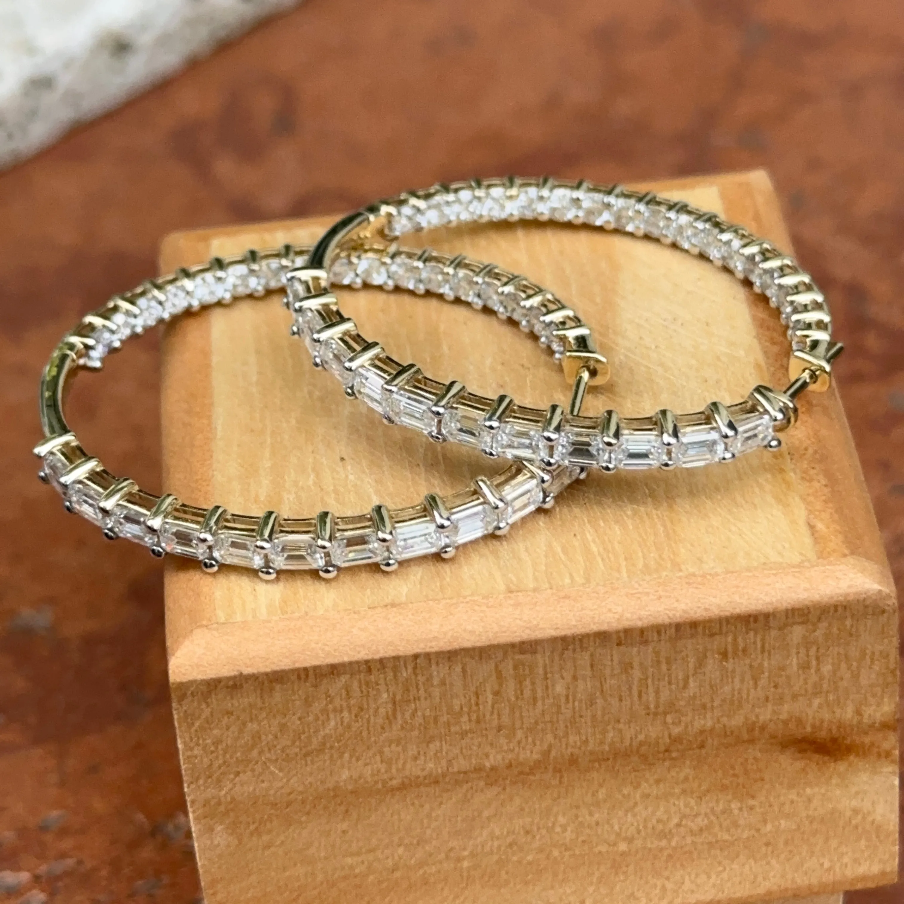 14KT Yellow Gold Shiny 5 CT Lab Emerald-Cut   Round Diamond Prong Set Inside   Outside Hoop Earrings
