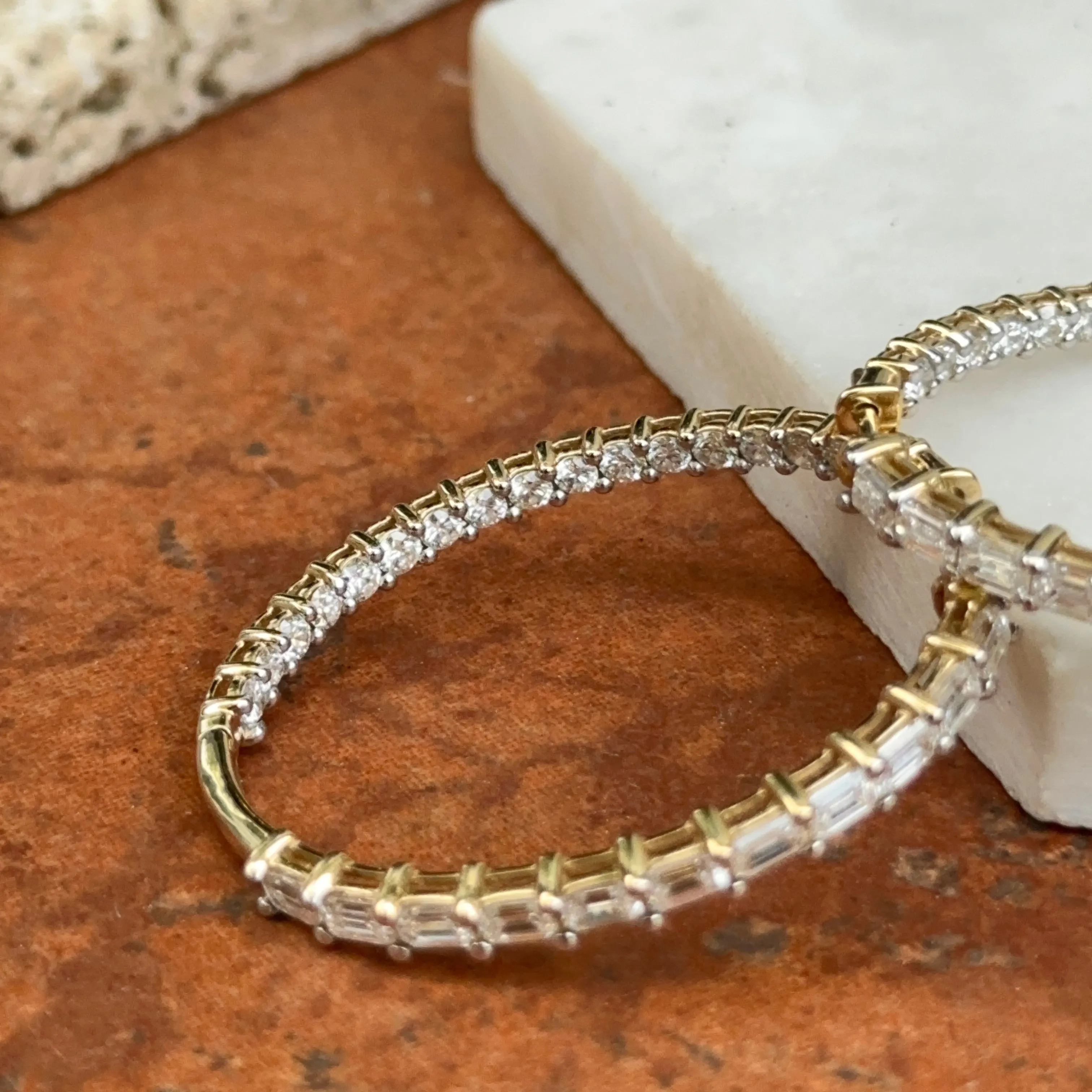 14KT Yellow Gold Shiny 5 CT Lab Emerald-Cut   Round Diamond Prong Set Inside   Outside Hoop Earrings