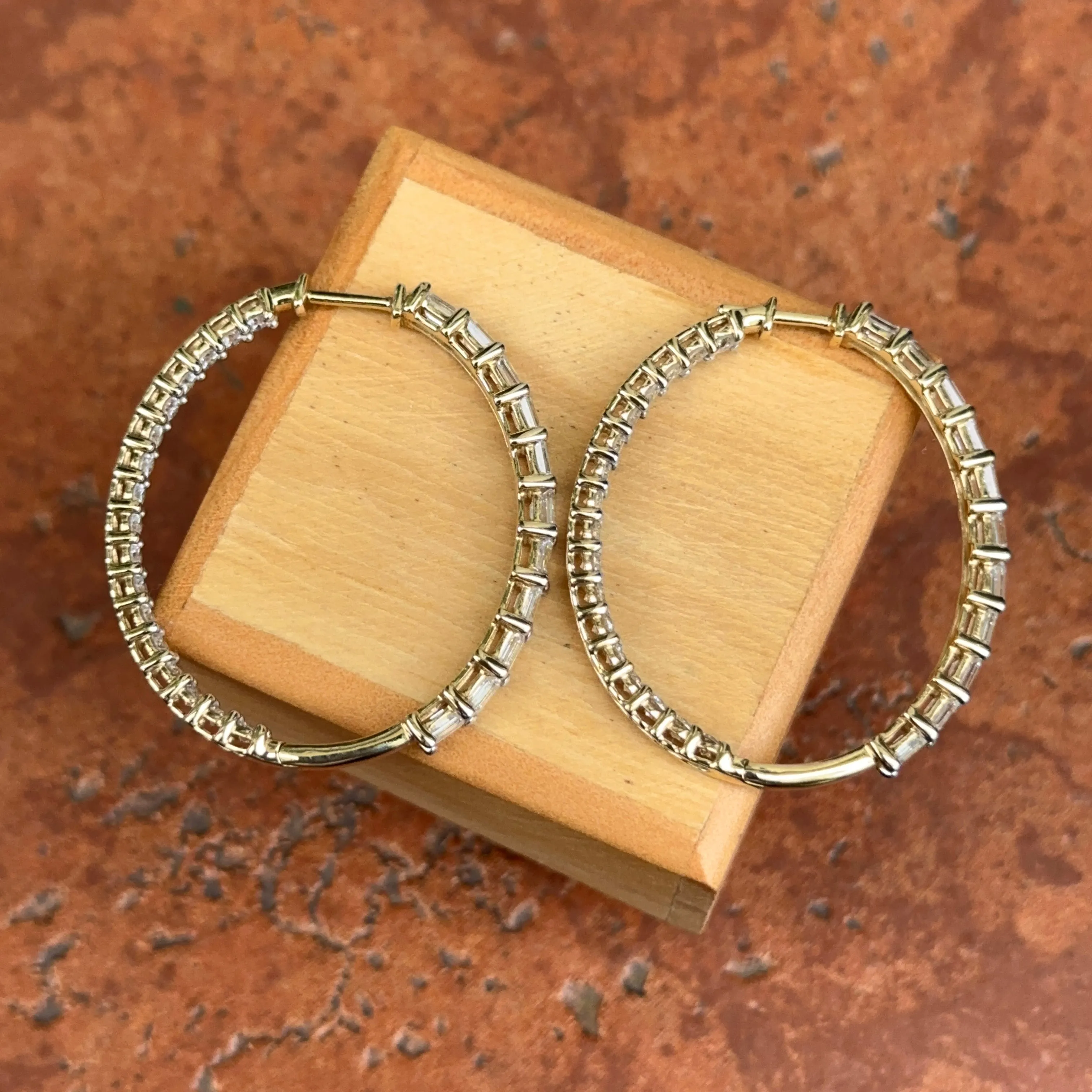 14KT Yellow Gold Shiny 5 CT Lab Emerald-Cut   Round Diamond Prong Set Inside   Outside Hoop Earrings