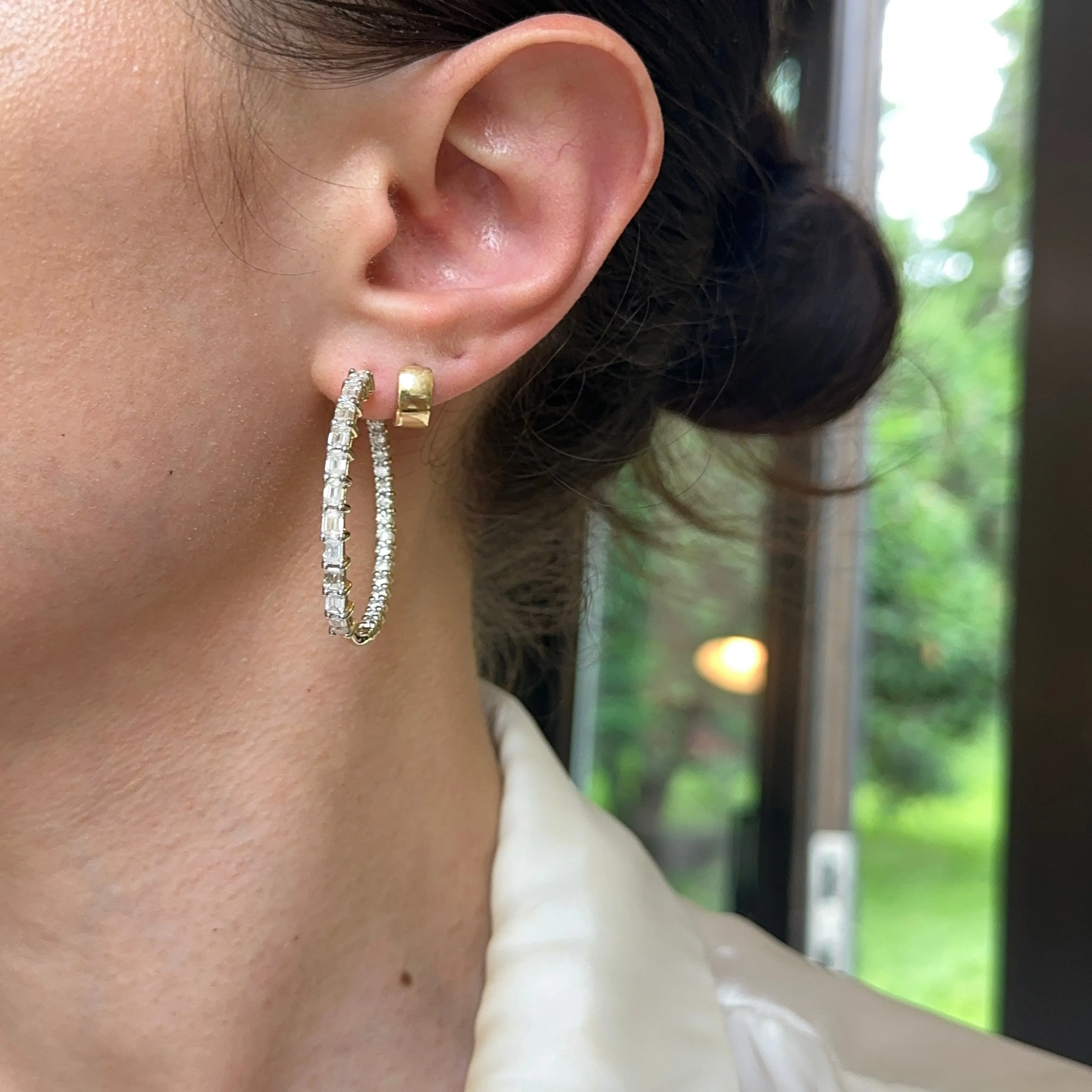 14KT Yellow Gold Shiny 5 CT Lab Emerald-Cut   Round Diamond Prong Set Inside   Outside Hoop Earrings