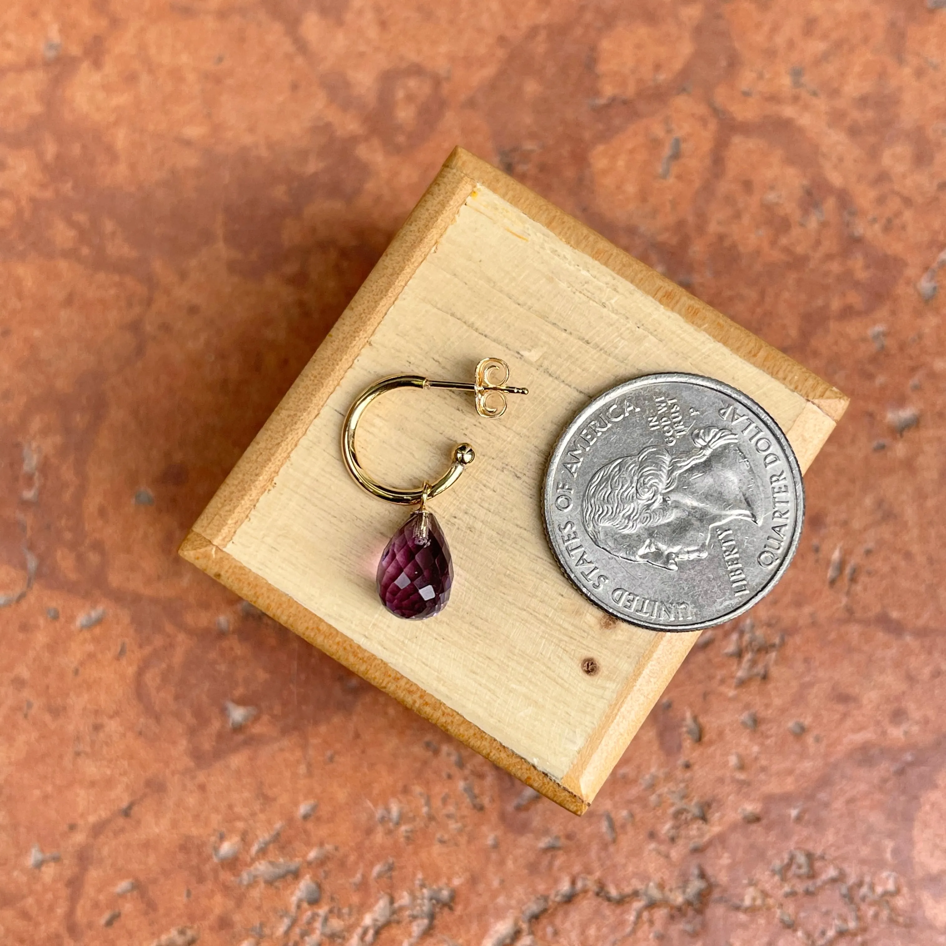 14KT Yellow Gold Teardrop Amethyst Charm Hoop Earrings