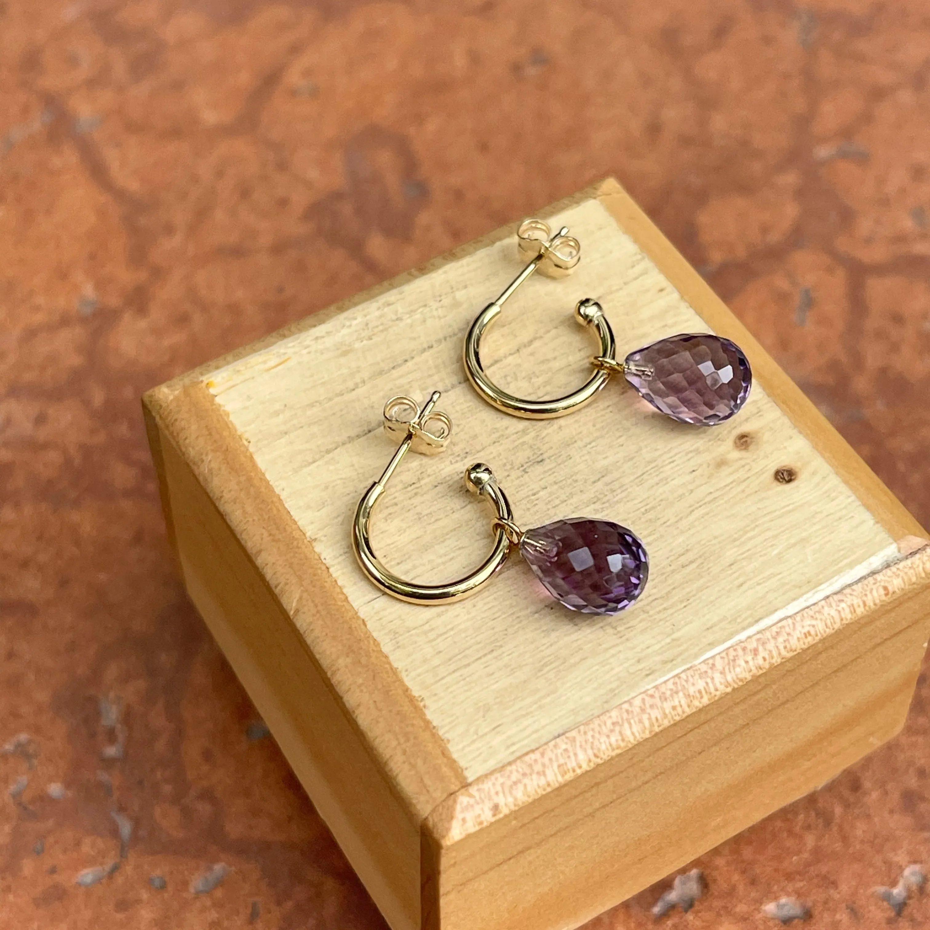 14KT Yellow Gold Teardrop Amethyst Charm Hoop Earrings