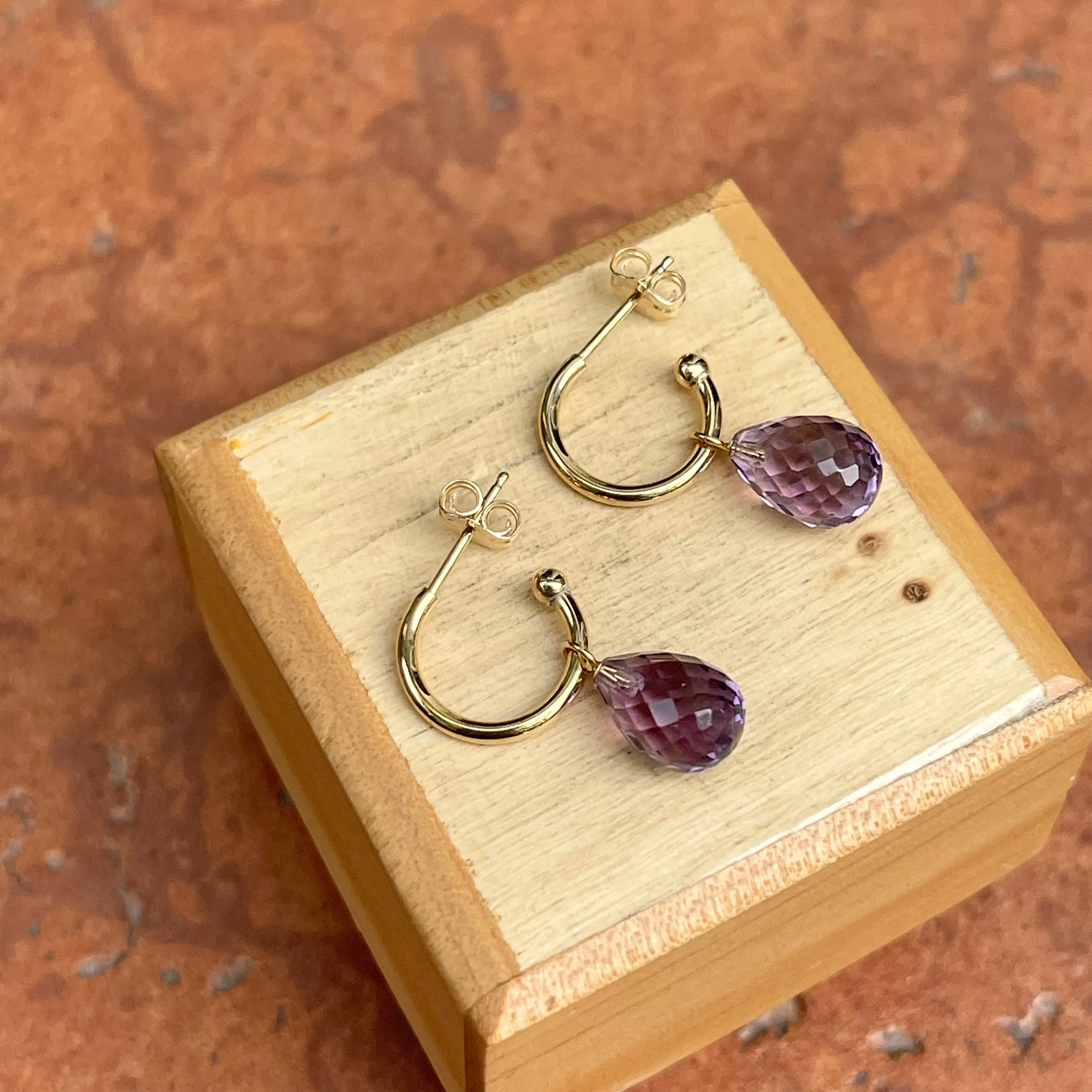 14KT Yellow Gold Teardrop Amethyst Charm Hoop Earrings