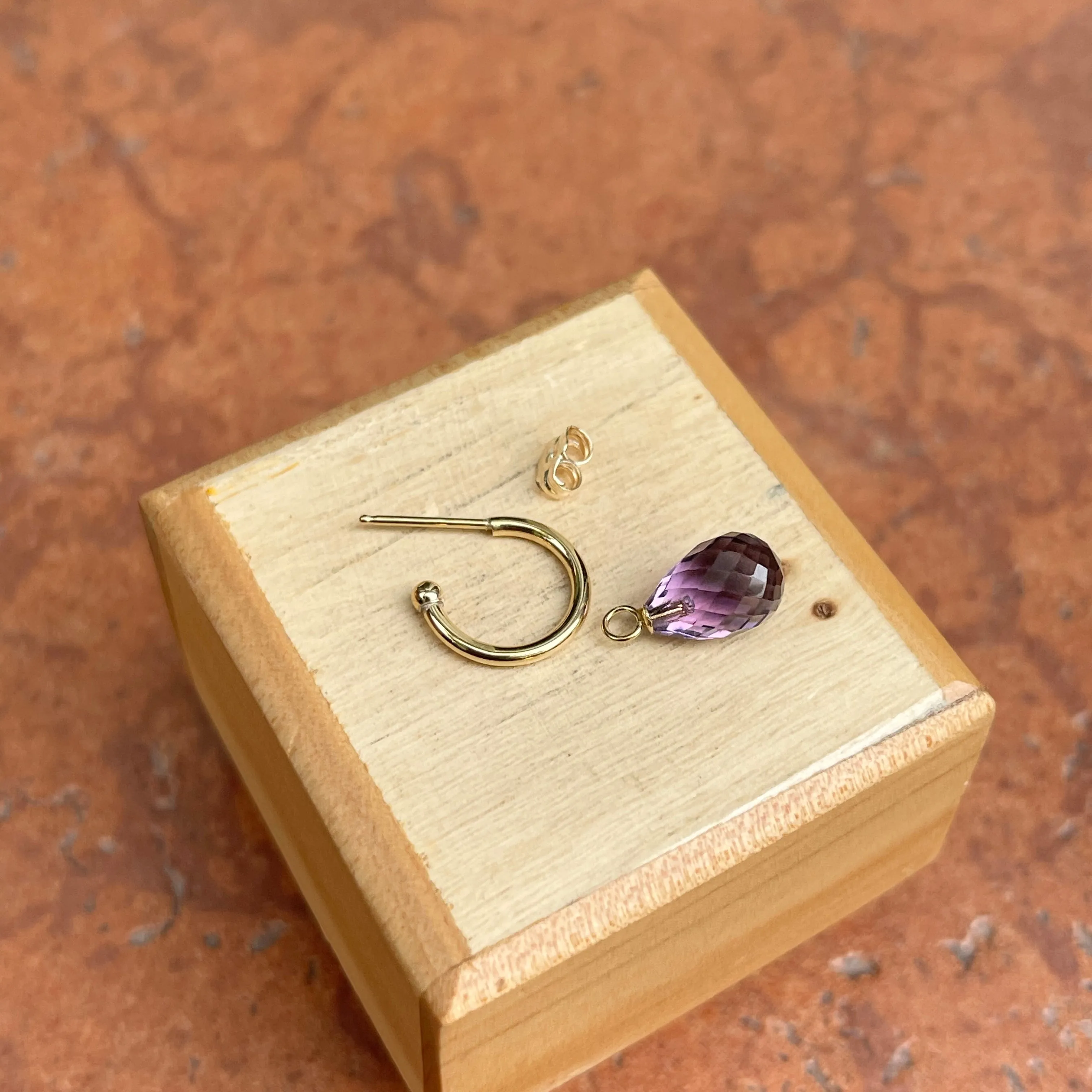 14KT Yellow Gold Teardrop Amethyst Charm Hoop Earrings