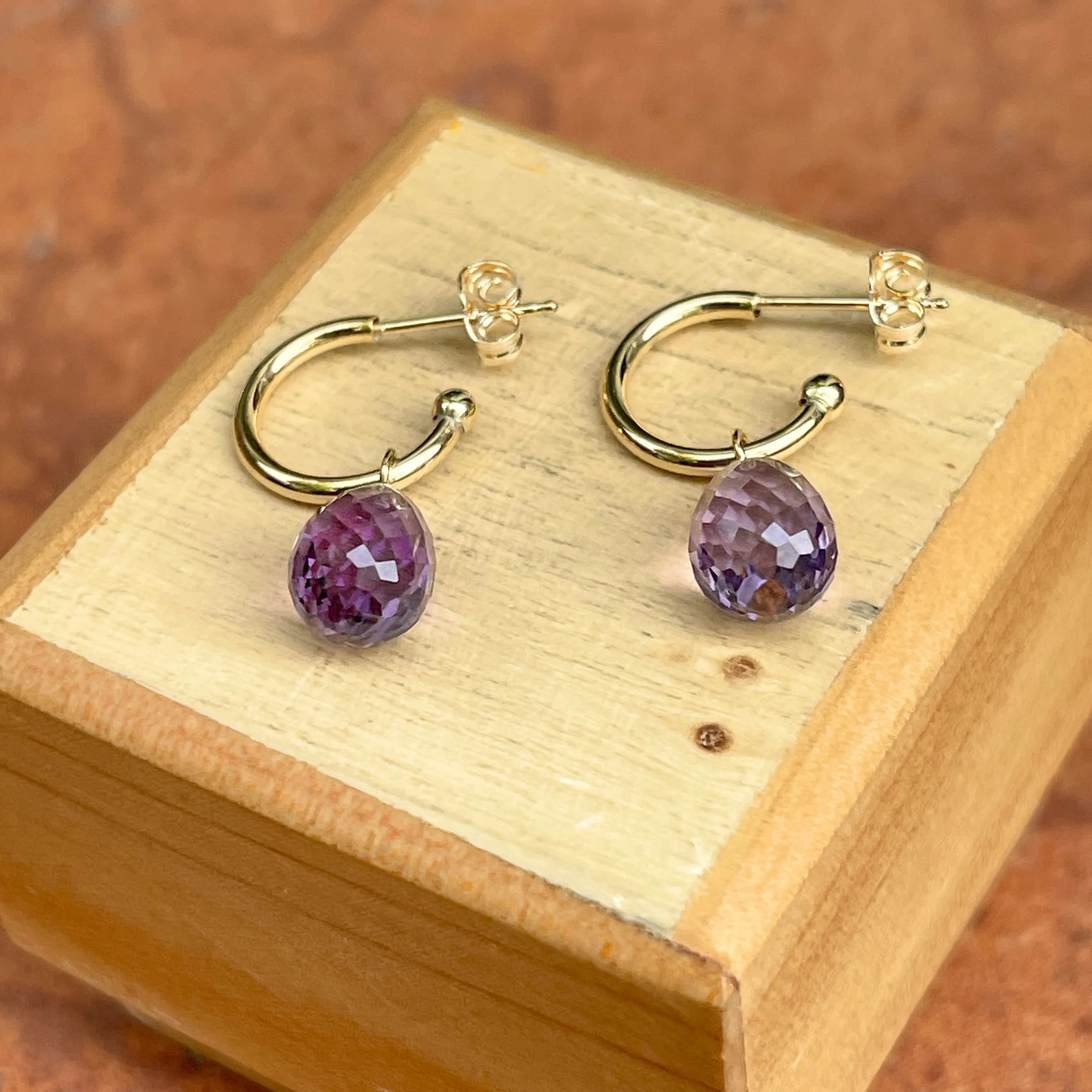 14KT Yellow Gold Teardrop Amethyst Charm Hoop Earrings
